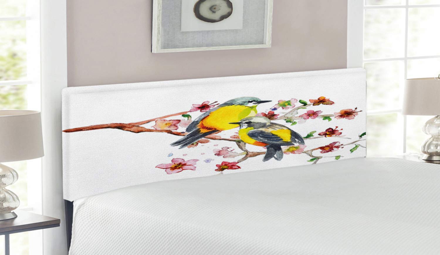 Ambesonne Nature Queen Size Upholstered Headboard - Watercolor Birds & Flowers Print, Decorative Metal Bed Frame with Memory Foam, Brown & Yellow | Perfect for Bedroom Decor & Guest Room Styling