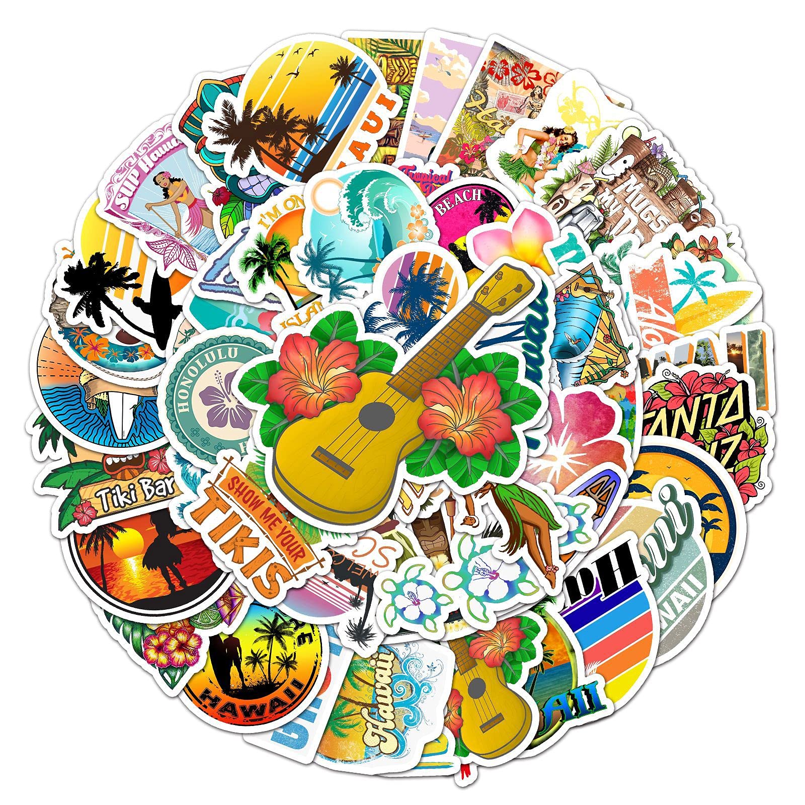 50 PCS Hawaiian Themed Stickers - Waterproof Vinyl Decals for Skateboards, Water Bottles, Cars, Laptops, Motorcycles & Luggage - Tropical Island Decor for Teens & Adults - Perfect for DIY Projects, Travel Gear & Personalizing Belongings