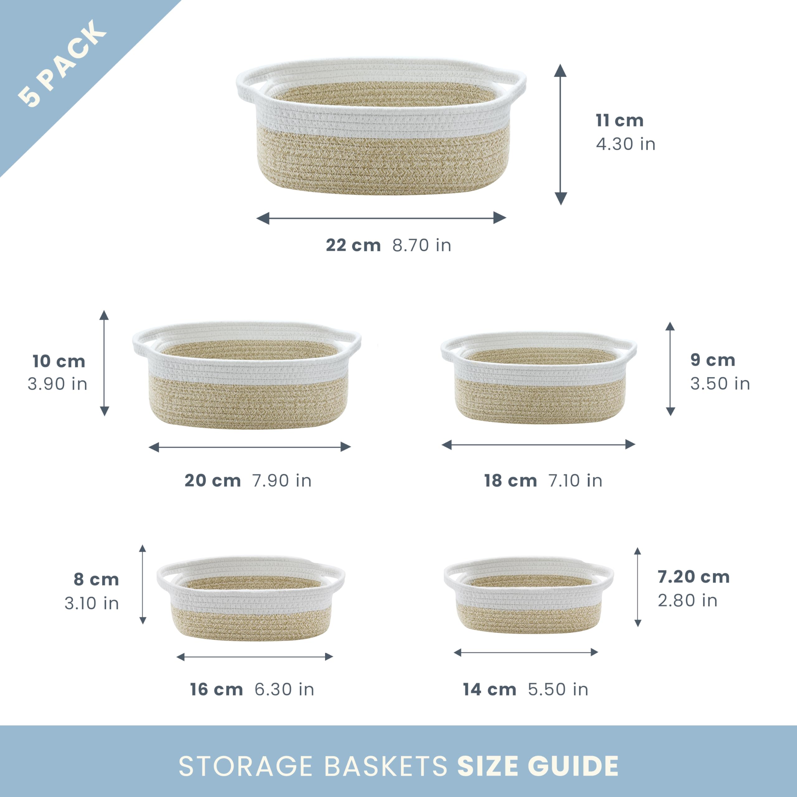 OrganiHaus Set of 5 Small Woven Rope Storage Baskets - Honey & White | Rectangle Organizing Bins for Bathroom, Nursery, Office & Home Decor | Space-Saving Storage Solution for Toiletries, Toys & Essentials