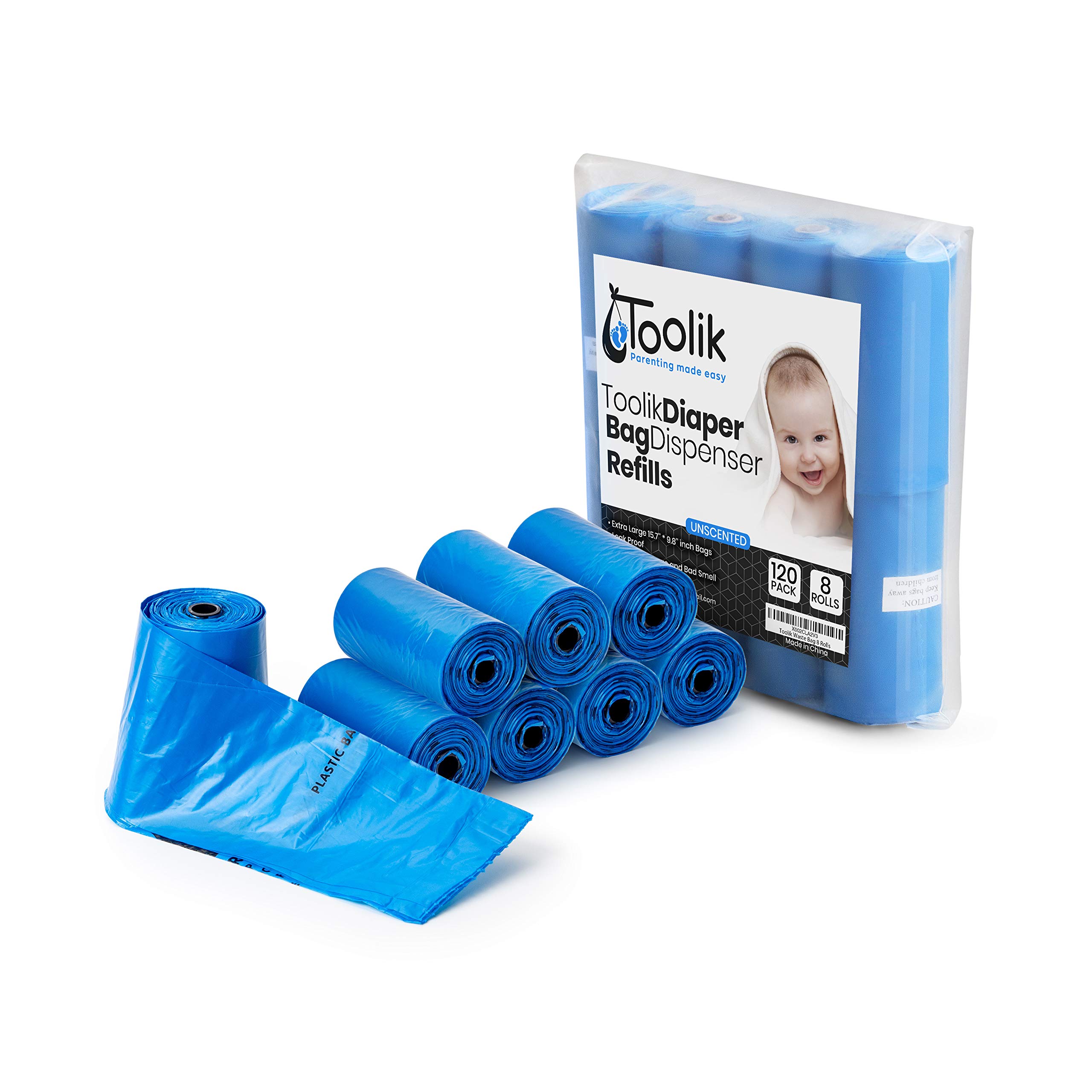 **Toolik Diaper Bag Dispenser Refills - Unscented Disposable Waste Bags (8 Rolls, 120 Bags) - Perfect for Diaper Changes, Pet Waste & Travel Hygiene**