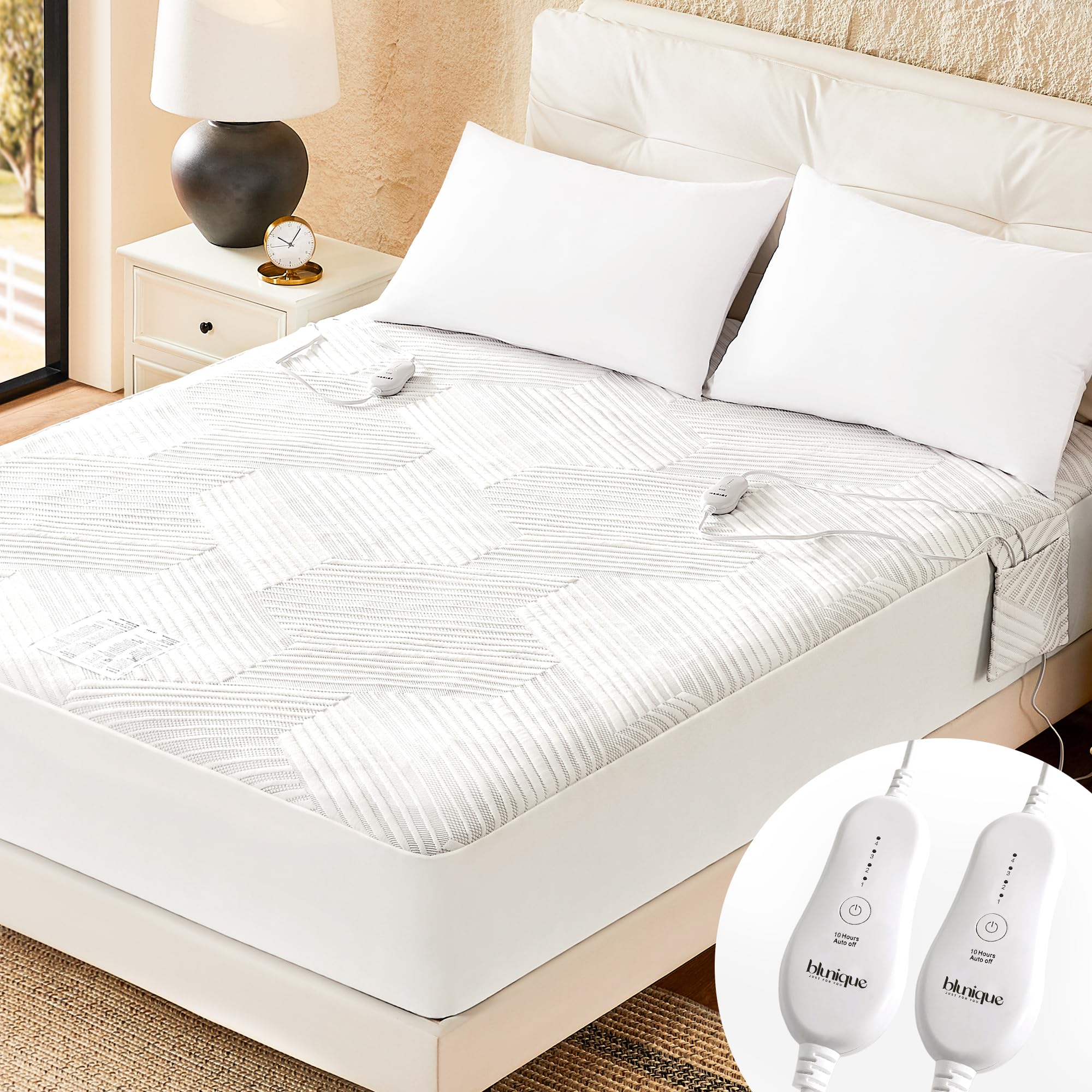 Electric Heated Mattress Pad King Size - Dual Control Bed Warmer with Deep Pocket & Side Storage Pouch - 3D Air Layer Fabric - Machine Washable - 78