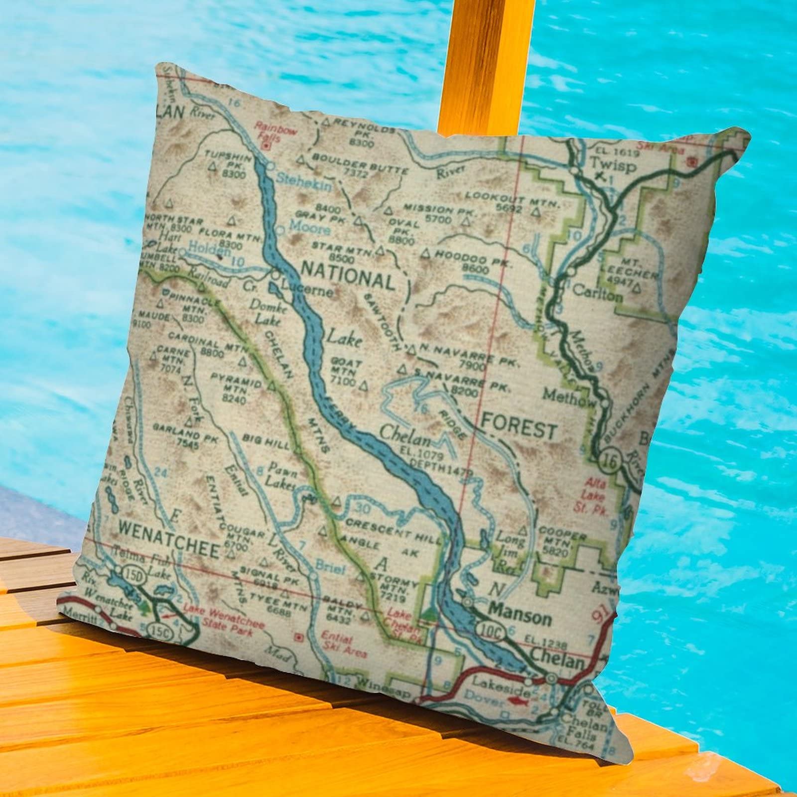 Lake Chelan Washington Map Outdoor Throw Pillow Covers - Waterproof 18x18 Inch Farmhouse Modern Decorative Pillowcase for Couch, Bench & Patio - Perfect for Home Decor, Living Room Accent & Outdoor Seating Areas