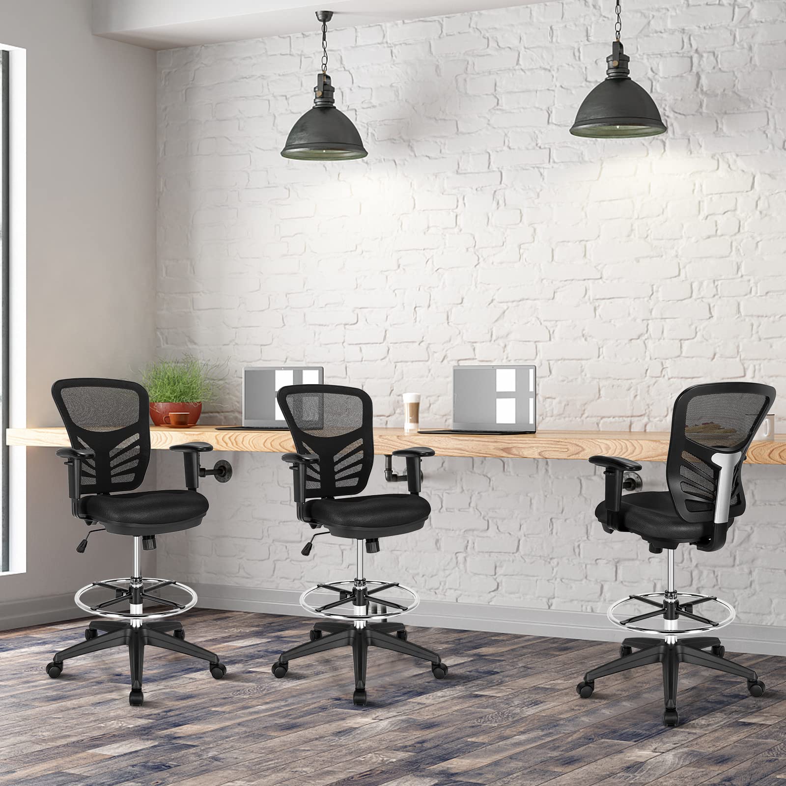 COSTWAY Ergonomic Mesh Office Chair with Adjustable Footrest & Armrests - Counter Height Standing Desk Chair, Rolling Height Adjustable Computer Drafting Chair for Home Office (Black) | Perfect for Long Work Hours, Gaming & Remote Work