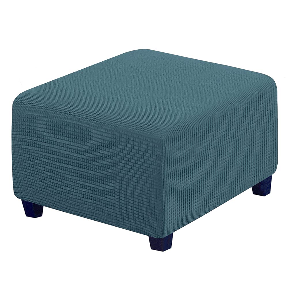 XMNTG Jacquard Stretch Ottoman Slipcover - Washable Square Folding Storage Stool Cover with Elastic Bottom - Blue Checked Furniture Protector & Footrest - Perfect for Living Room, Bedroom, and Office Use