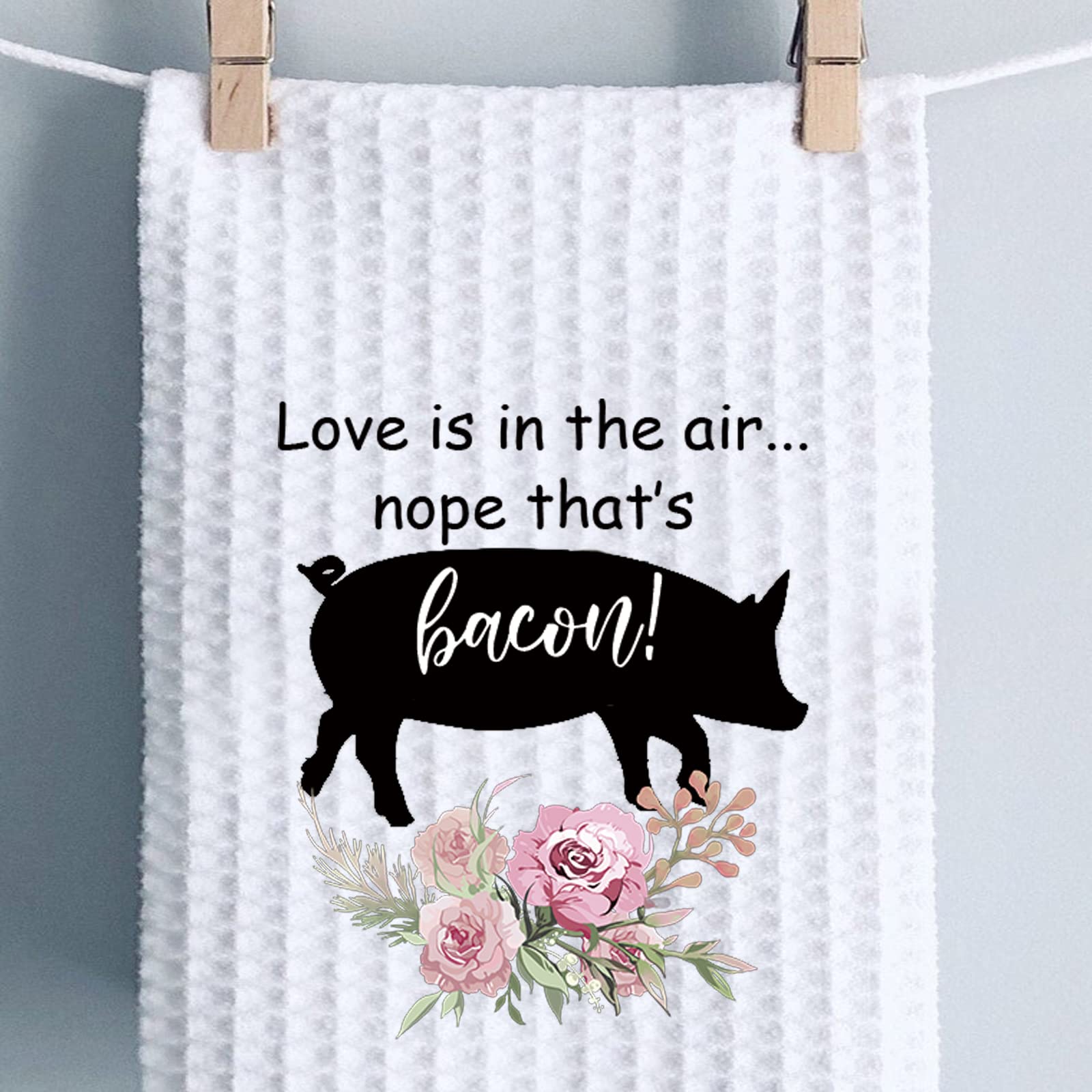 PWHAOO Funny Bacon Kitchen Towel - Pig Farm Theme with 'Love is in The Air' Design - Absorbent Cotton Dish Towel for Cooking, Baking & Farmhouse Decor