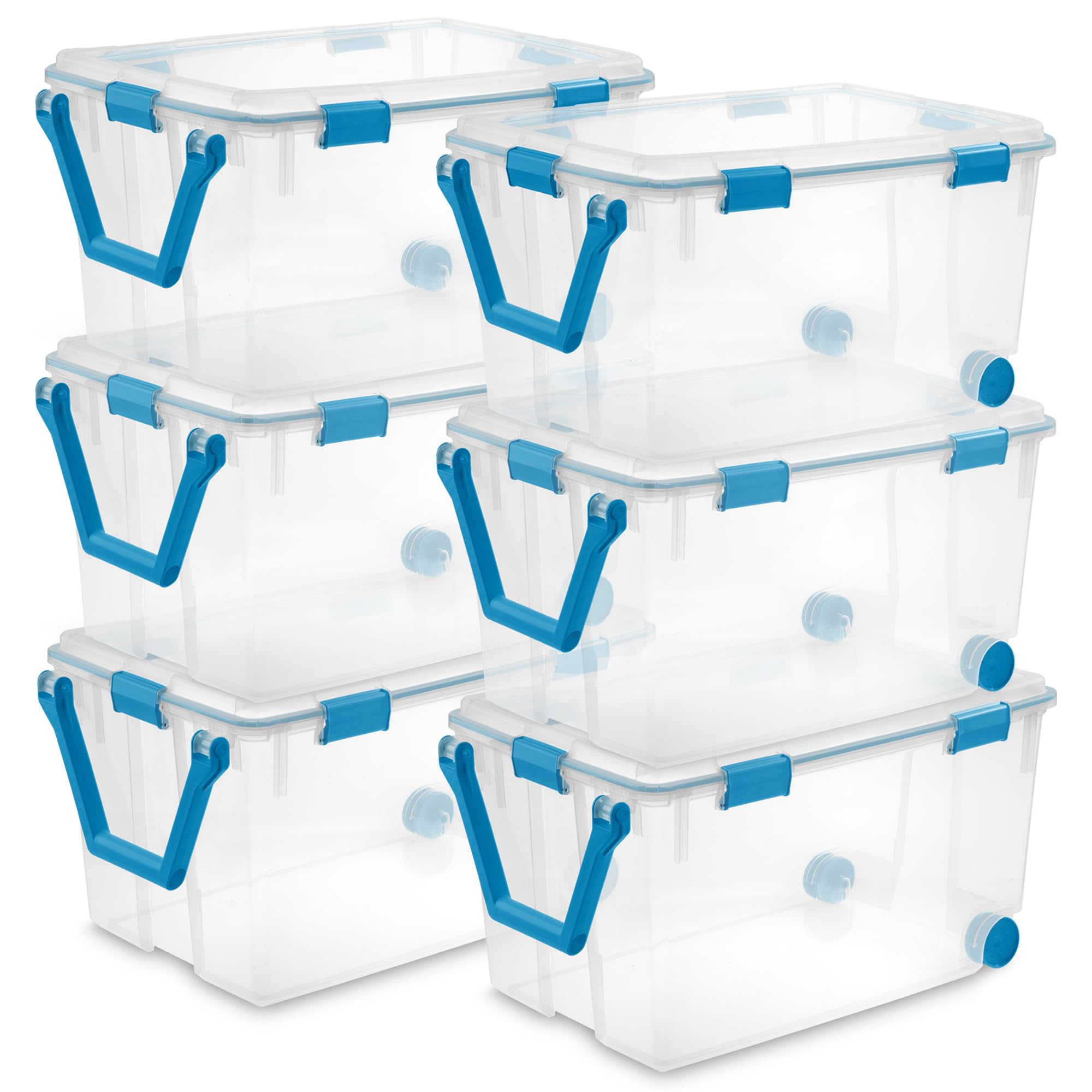 Sterilite 6-Pack 120 Quart Weatherproof Storage Bins with Latching Lids & Wheels - Heavy Duty Watertight Containers for Home Organization, Garage, Camping & Outdoor Gear Storage