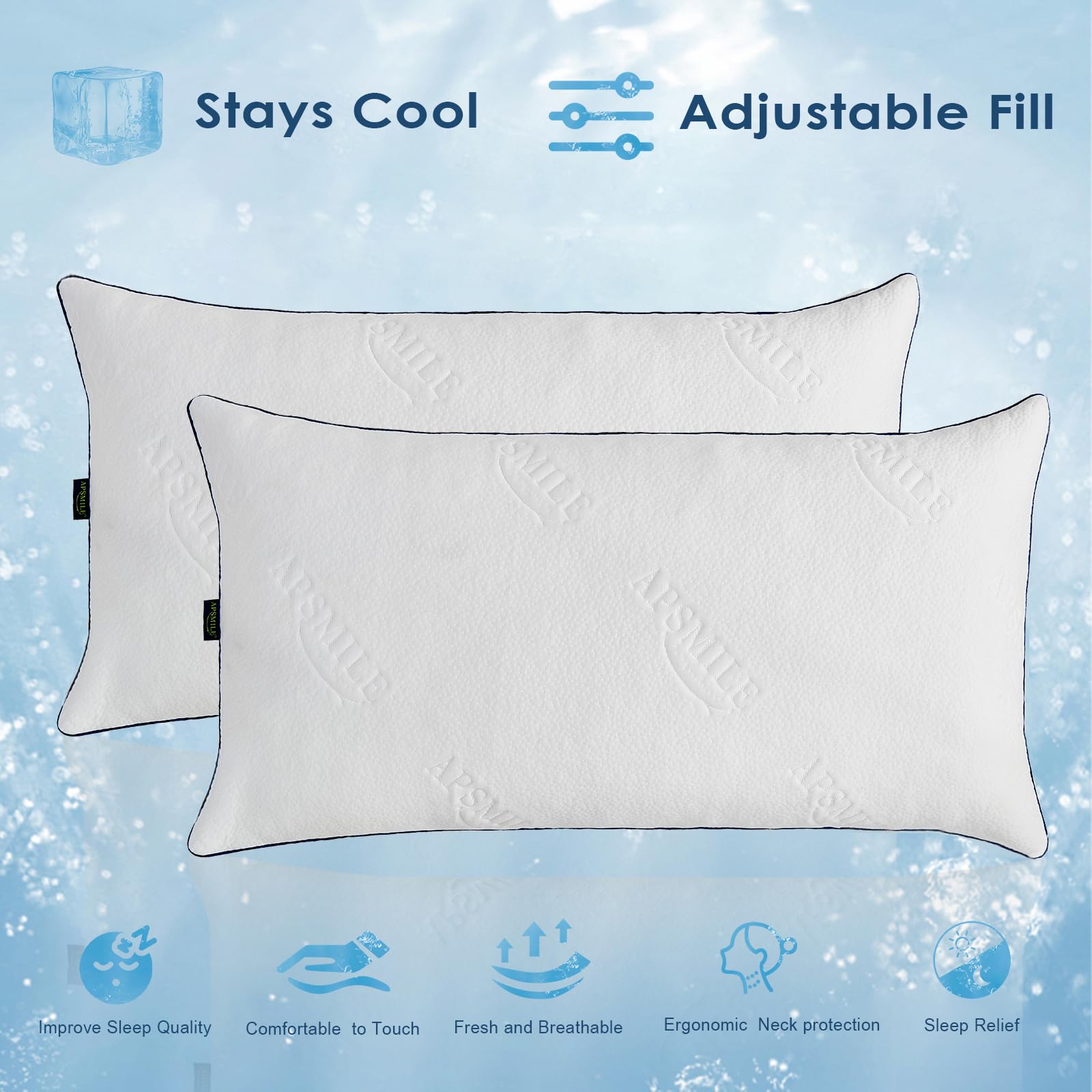 APSMILE King Size Shredded Memory Foam Pillows Set of 2 - Adjustable Cooling Pillows for Neck Pain Relief, Hotel Quality Firm Bed Pillows for Side & Back Sleepers (White, 18