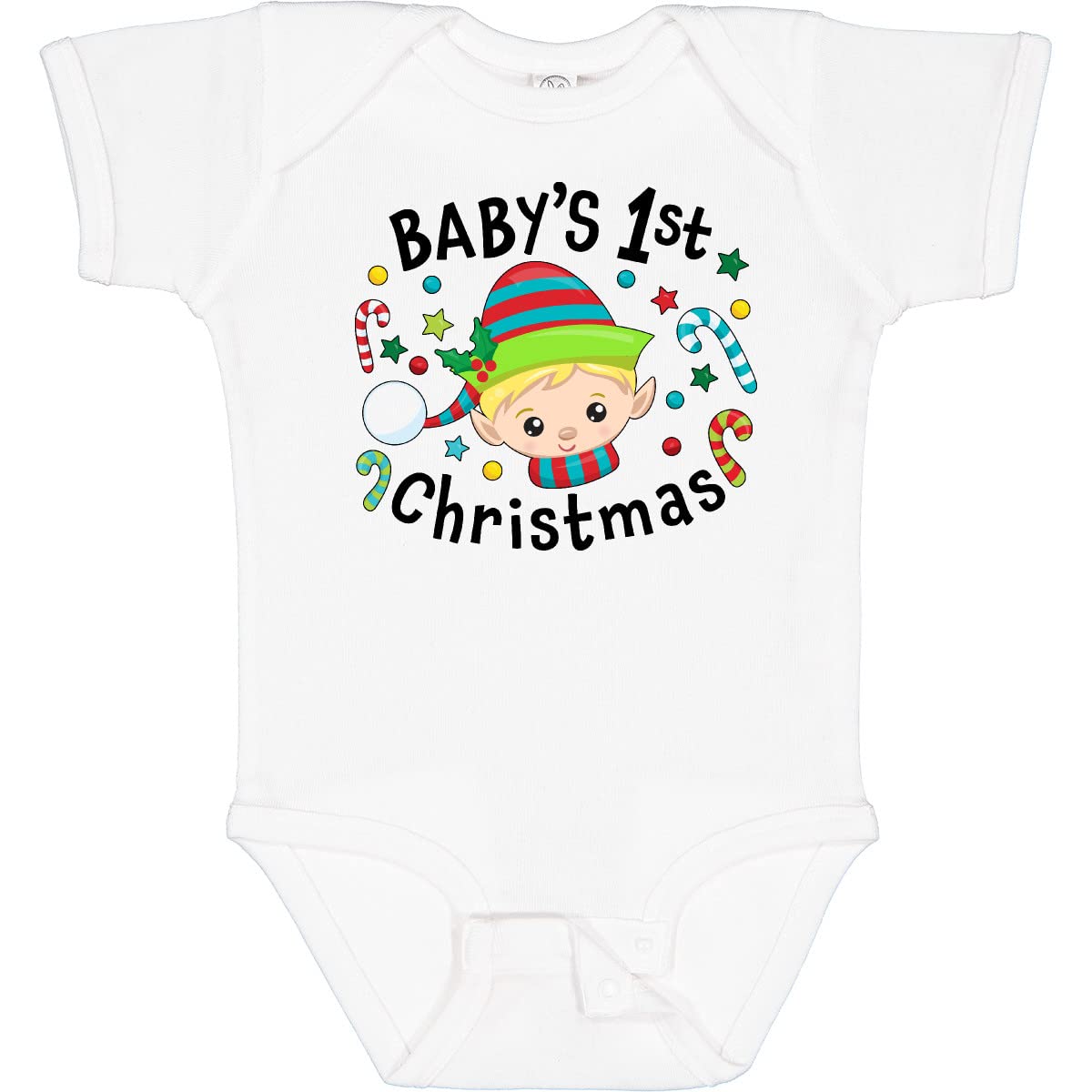 Inktastic Baby's 1st Christmas Elf Boy with Candy Canes Baby Bodysuit - Cute Holiday Outfit for Newborn Boys | Perfect for Christmas Photos, Family Gatherings & Festive Celebrations