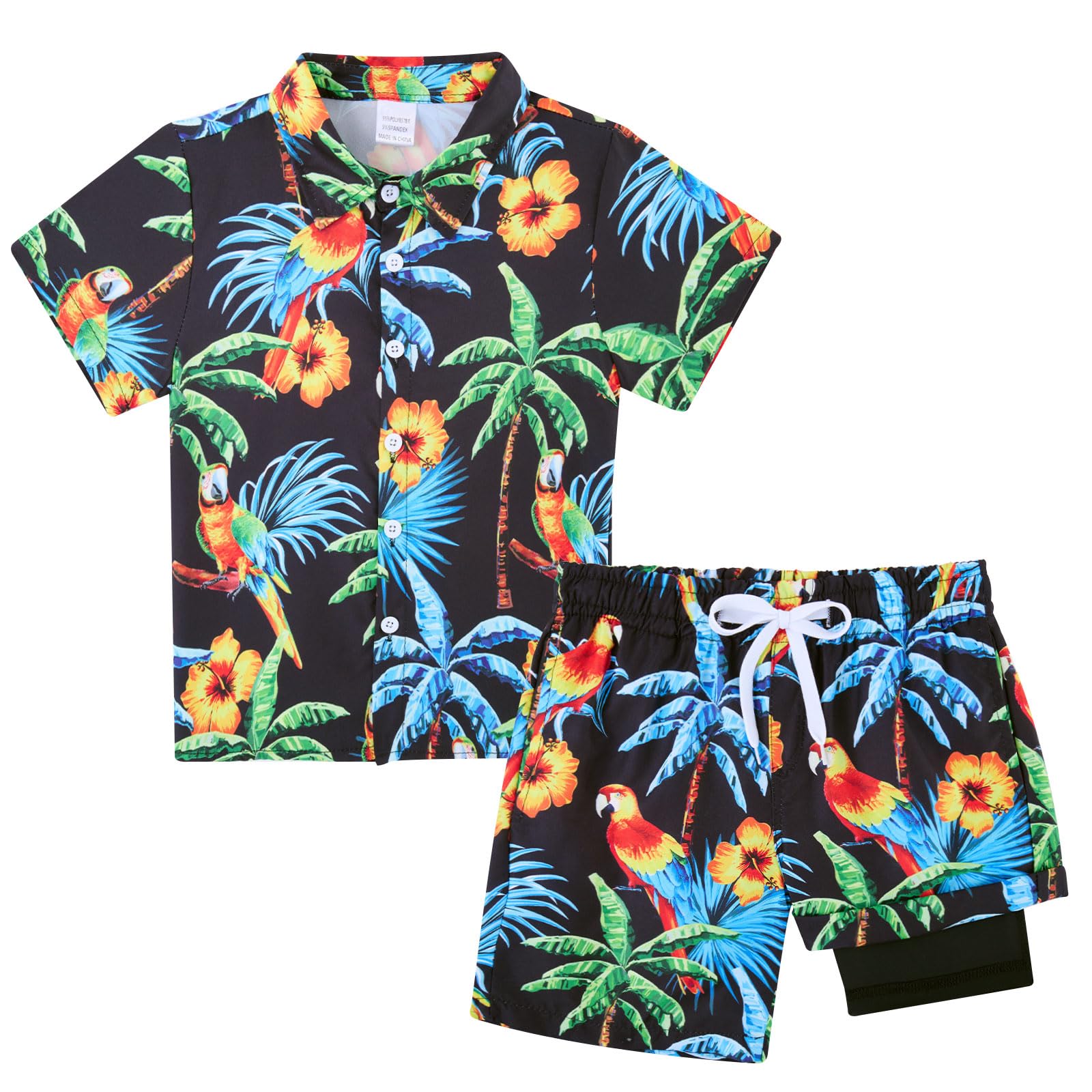 UNICOMIDEA Boys Hawaiian Shirt & Swim Trunks Set - Tropical Print Button Down Shirt with Matching Swim Shorts for Kids 5-12 Years - Perfect for Beach Vacations, Pool Parties & Summer Outfits