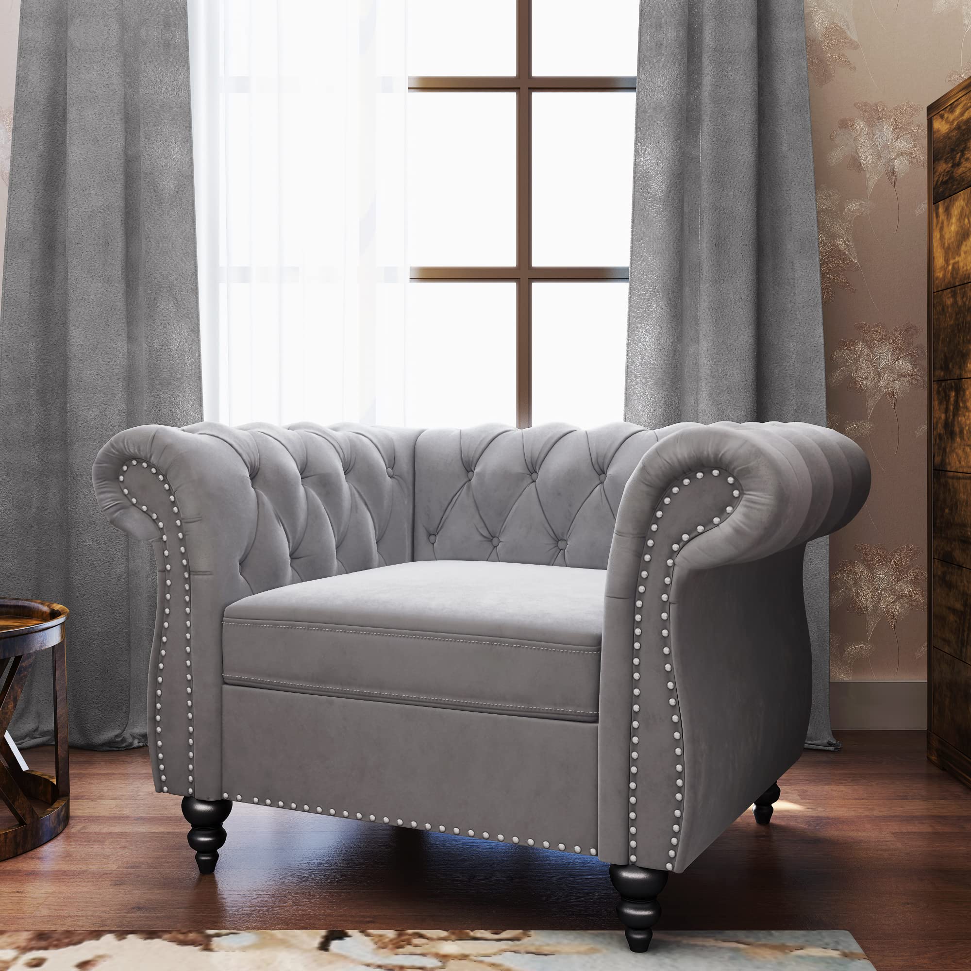 QHITTY Velvet Chesterfield Accent Chair - Modern Tufted Upholstered Living Room Furniture in Grey | Perfect for Home Office, Lounge & Reading Nook