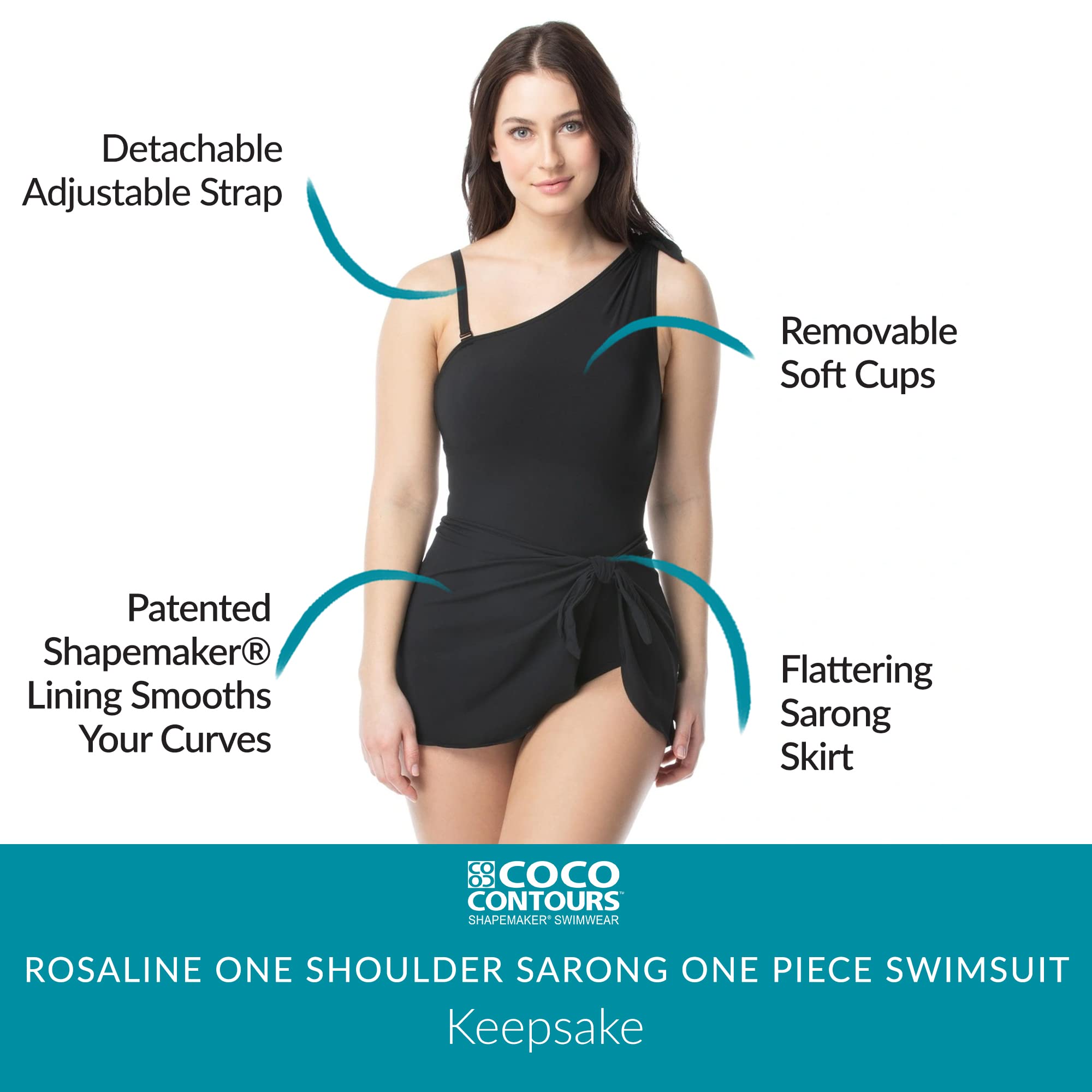 Coco Contours Rosaline One Shoulder Sarong One Piece Swimsuit — Bra Sized Figure Shaping Swimwear for Women | Tummy Control & Support | Perfect for Beach Vacations, Pool Parties & Tropical Getaways