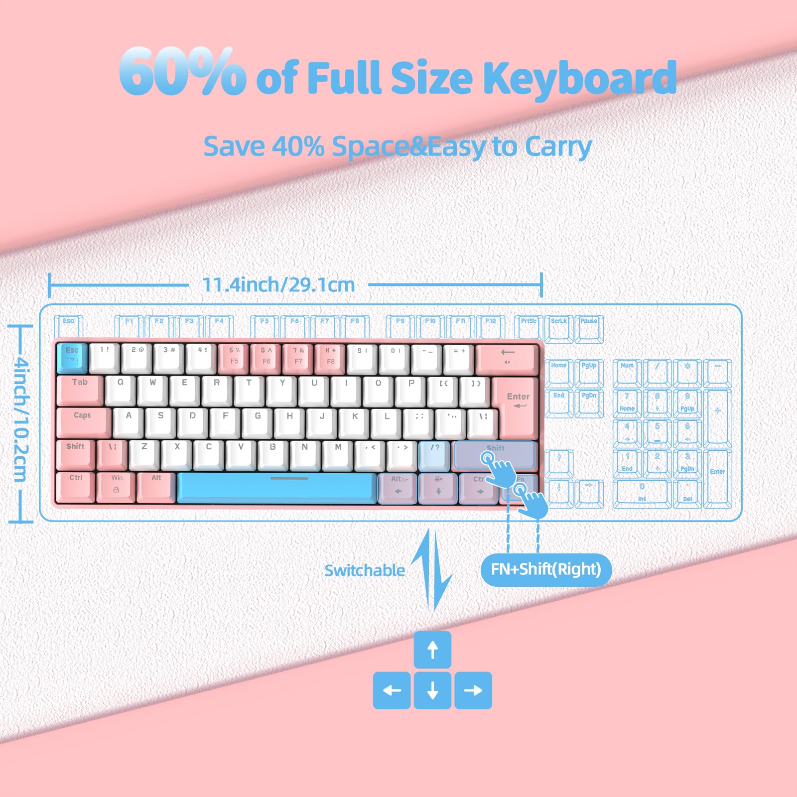 60% UK Gaming Mechanical Keyboard - Blue Switches, RGB Backlight for PC/Laptop (Pink White) - Compact Office & Gaming Use