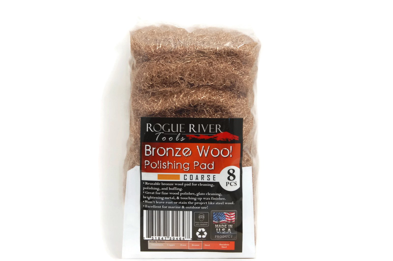 Rogue River Tools Bronze Wool Pads (8-Piece Set) - Coarse Grade for Metal Polishing, Cleaning, and Restoration - Perfect for Automotive, Jewelry, and DIY Projects