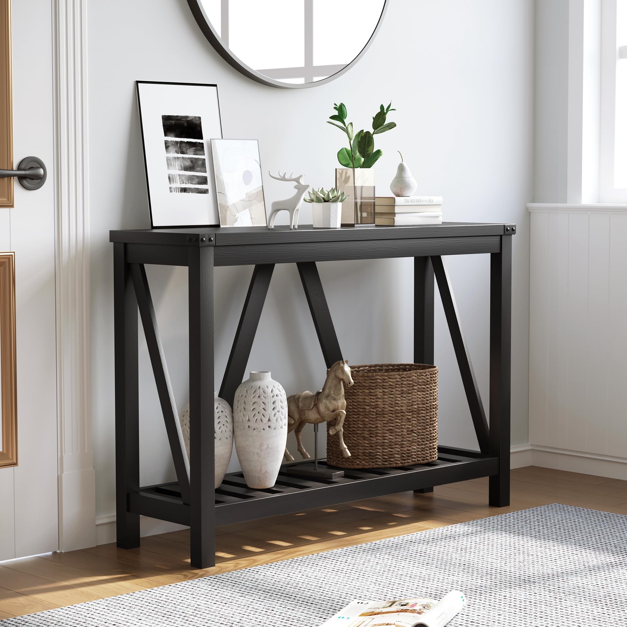 Farmhouse Style Wooden Entryway Console Table with Storage Shelves - Rustic Sofa Table for Living Room, Hallway, Foyer - Black Finish (1PC) - Perfect for Small Space Organization & Home Decor