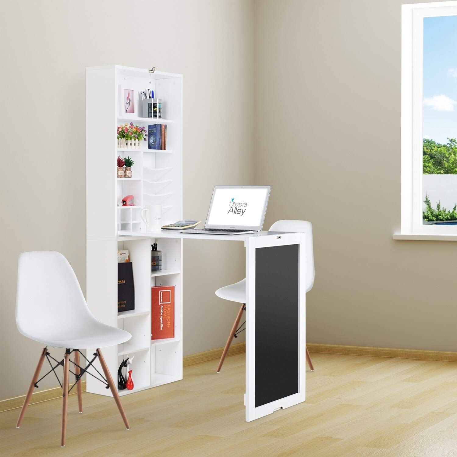 Foldable Wall Mounted Desk with Chalkboard & Storage Shelf - White Modern Space-Saving Home Office Furniture for Small Rooms, Apartments & Dorm Rooms - Perfect for Work, Study & Crafting