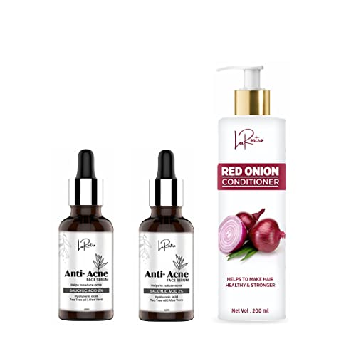 La Rostro Salicylic Acid Face Serum for Acne, Blackheads & Pore Minimizing - 40ml (2 Pack) & Red Onion Hair Conditioner with Onion Oil for Stronger Hair Roots - 200ml | Skincare & Haircare Set for Clear Skin & Healthy Hair Growth
