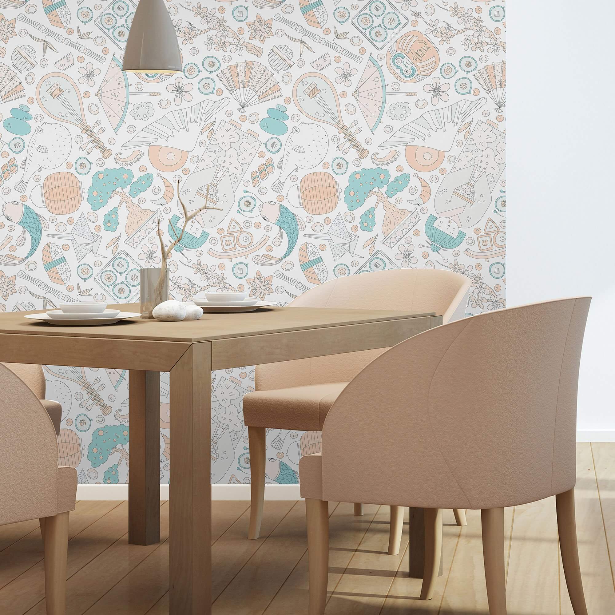 White Asian Themed Peel and Stick Removable Wallpaper - Self-Adhesive Decorative Wall Covering for Home, Office & Nursery Decor