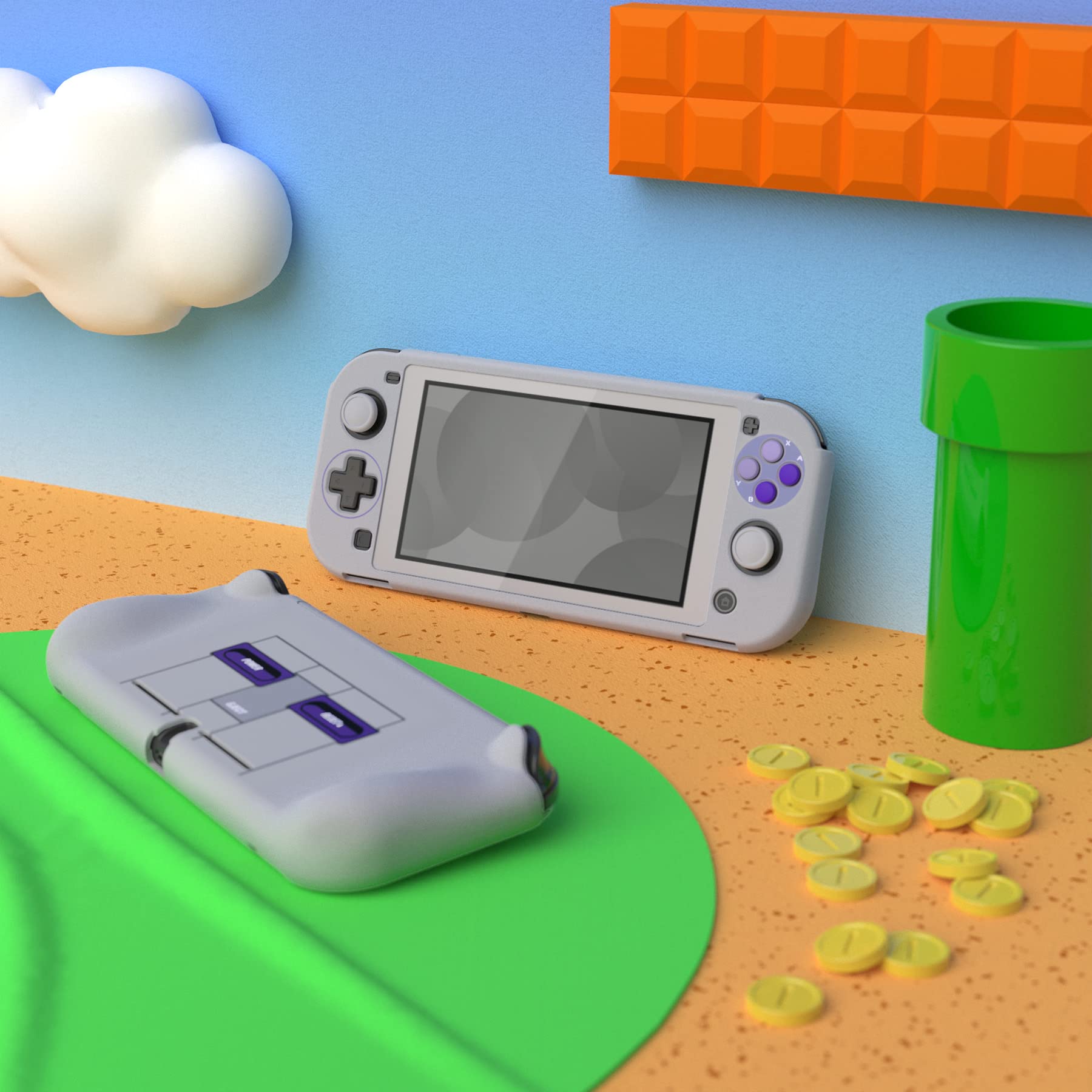 PlayVital ZealProtect Protective Case for Nintendo Switch Lite - Hard Shell Ergonomic Grip Cover with Screen Protector, Thumb Grip Caps & Button Caps (Classic SNES Style) | Perfect for Gaming On-The-Go, Travel Protection & Enhanced Gameplay Comfort
