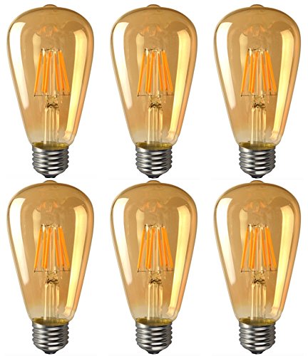 LED Vintage Edison Bulb ST64 - Amber Gilded Glass, 8W LED Filament Bulb, E26 Base, Warm White 2700K (70W Equivalent), Dimmable 110-120V - Pack of 6 - Perfect for Restaurants, Cafes & Home Decor Lighting