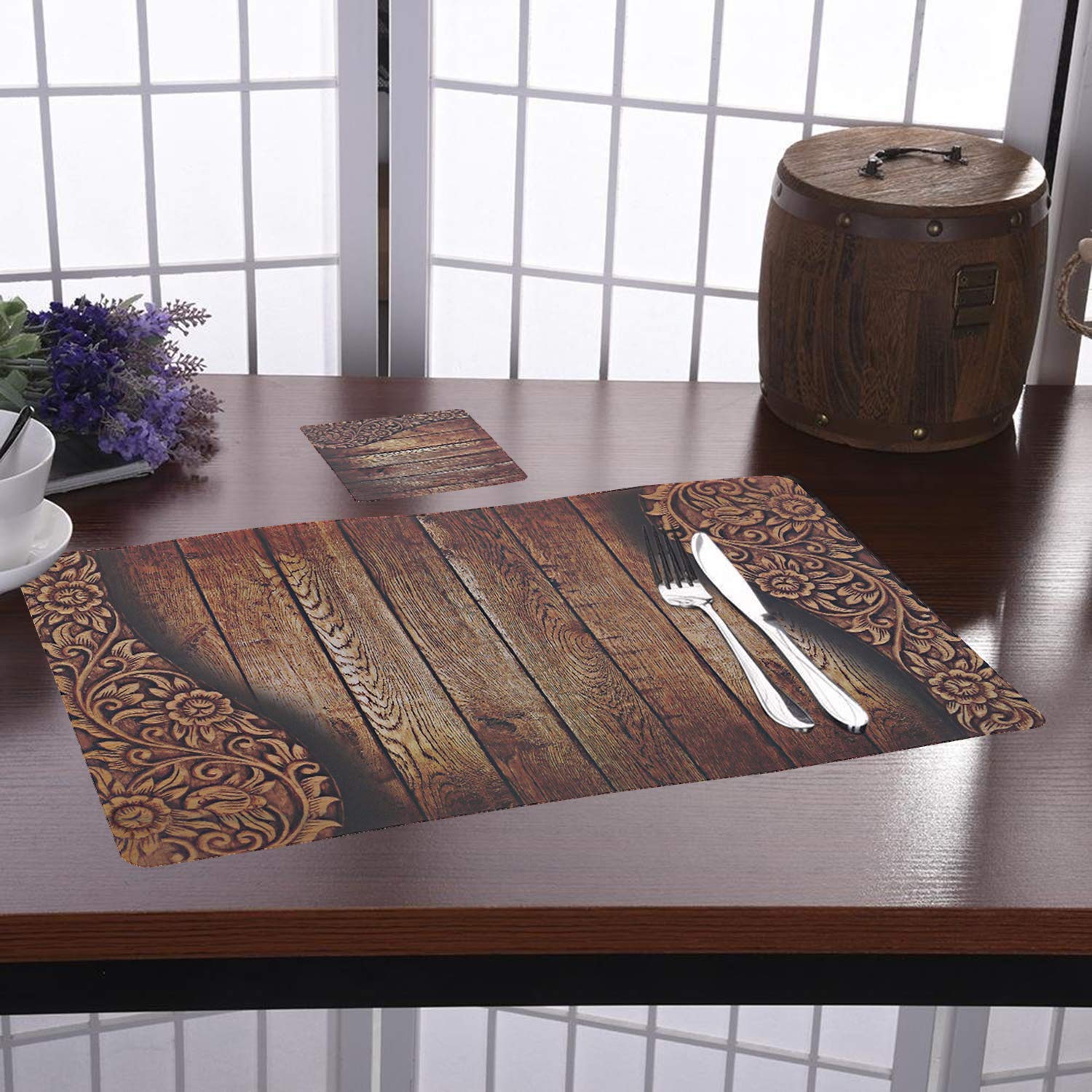 Premium 6-Piece Wooden Design PVC Dining Table Placemat Set with Tea Coasters - Brown (CTKTC032180) | Elegant Table Setting for Home, Restaurant & Dinner Parties