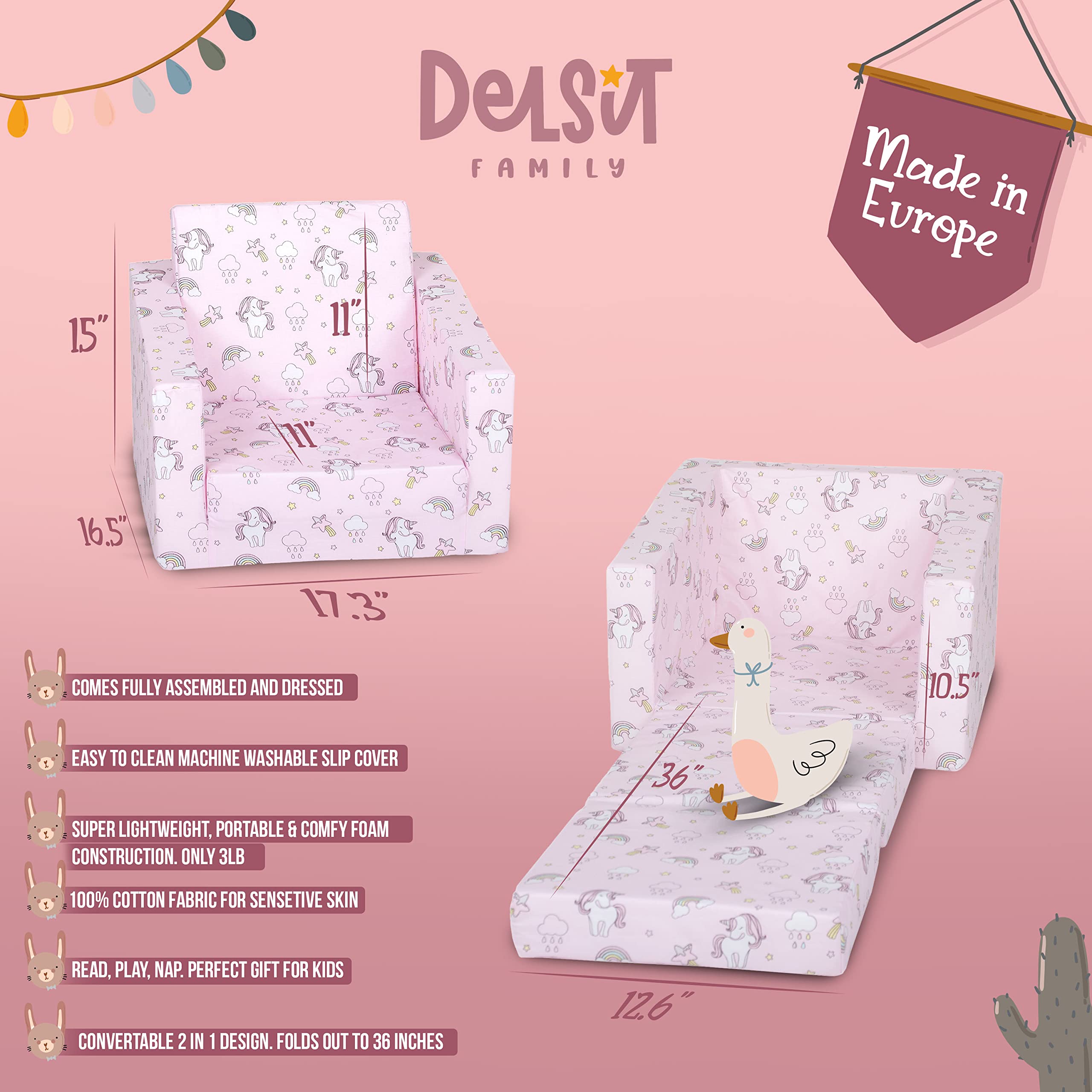Delsit Kids Convertible Sofa - 2-in-1 Toddler Armchair & Lounger with Flip-Out Design, Soft Foam Couch for Boys & Girls, European-Made - Perfect for Playrooms, Bedrooms & Nursery Relaxation