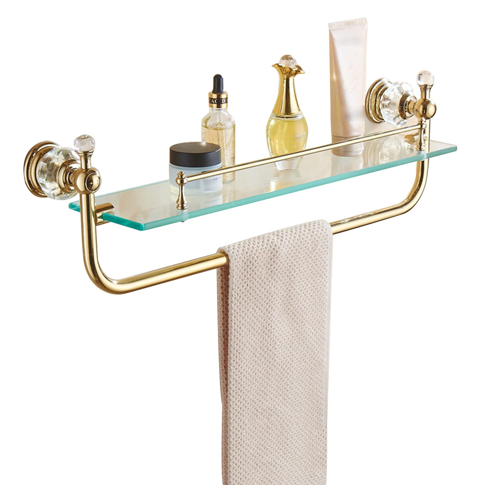 XXIOJUN 57x12cm Gold Tempered Glass Bathroom Shelf - Wall Mounted with Towel Bar, 10kg Load Capacity - Perfect for Shower, Vanity & Bathroom Organization (3 Colors Available)