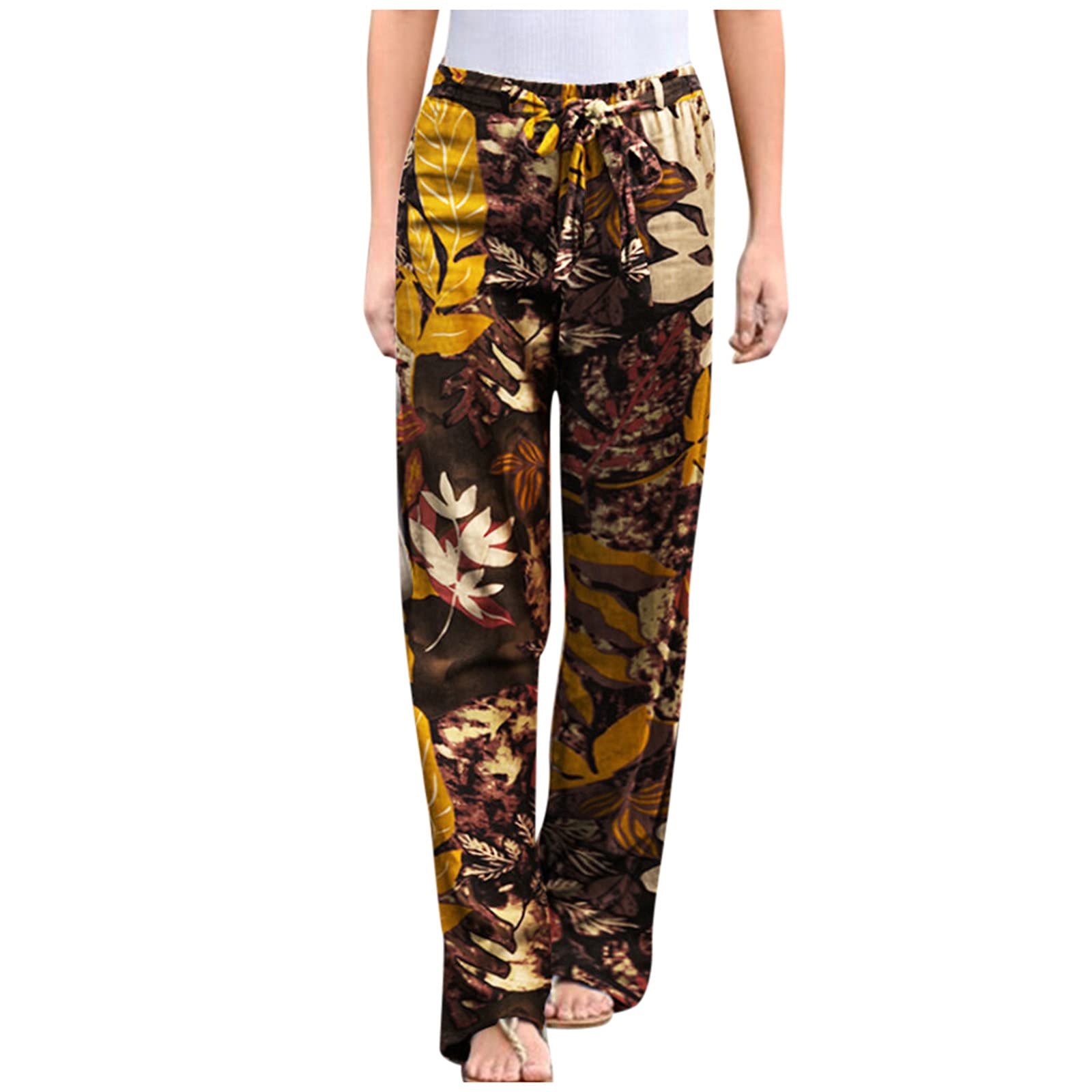 **Women's Plus Size Linen Casual Pants - Floral Print Cotton Trousers with Pockets - Comfortable & Stylish for Summer, Travel & Everyday Wear**