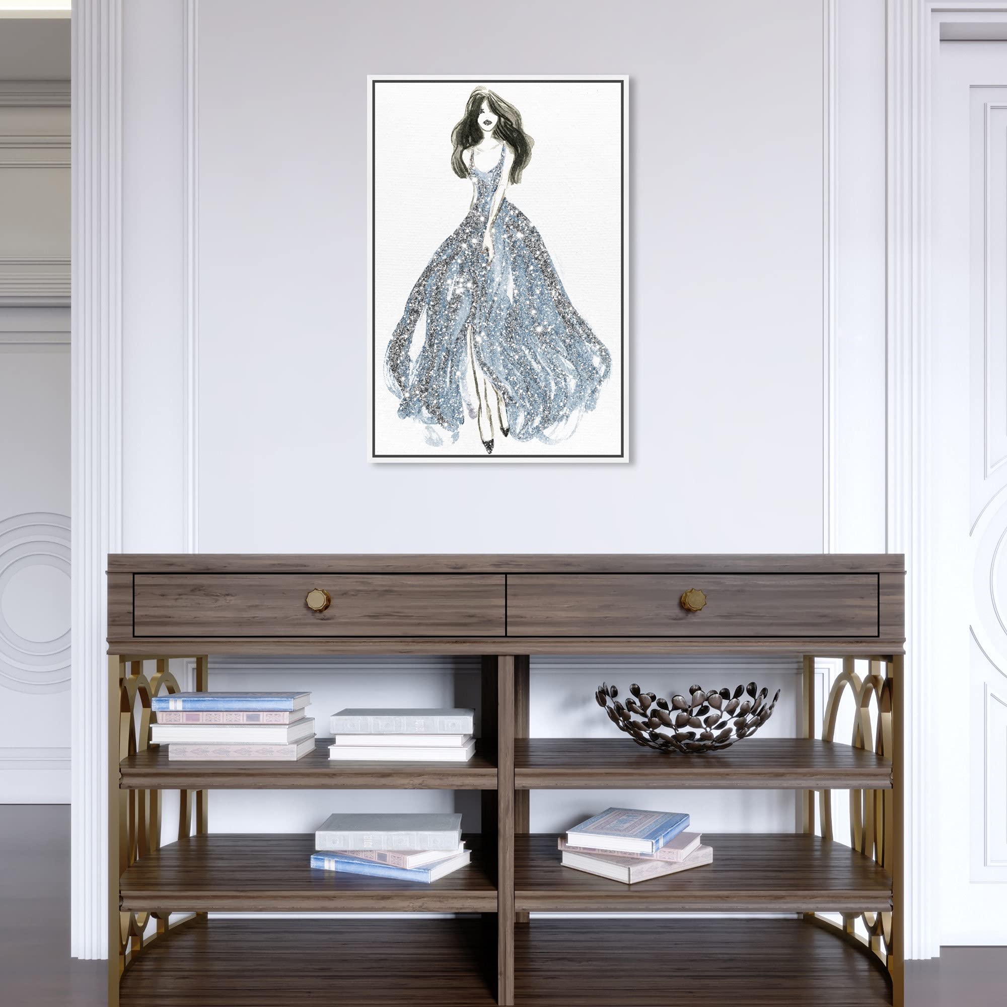 Oliver Gal Artist Co. Fashion Glam Wall Art Canvas Print - Elegant Blue Dress Spring Décor for Living Room, Bedroom & Office - 16x24 Inches with White Frame