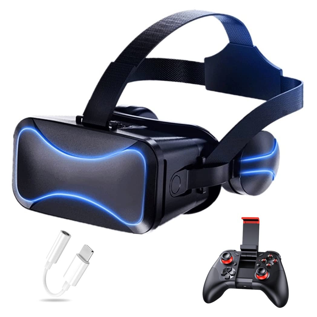 3D VR Headset with Bluetooth Controller - Compatible with iPhone 13 Pro Max/13 Pro/13/12/11, Samsung Galaxy S21, Huawei & Xiaomi Series - Immersive Gaming & Virtual Reality Experience for Movies, Travel & Education