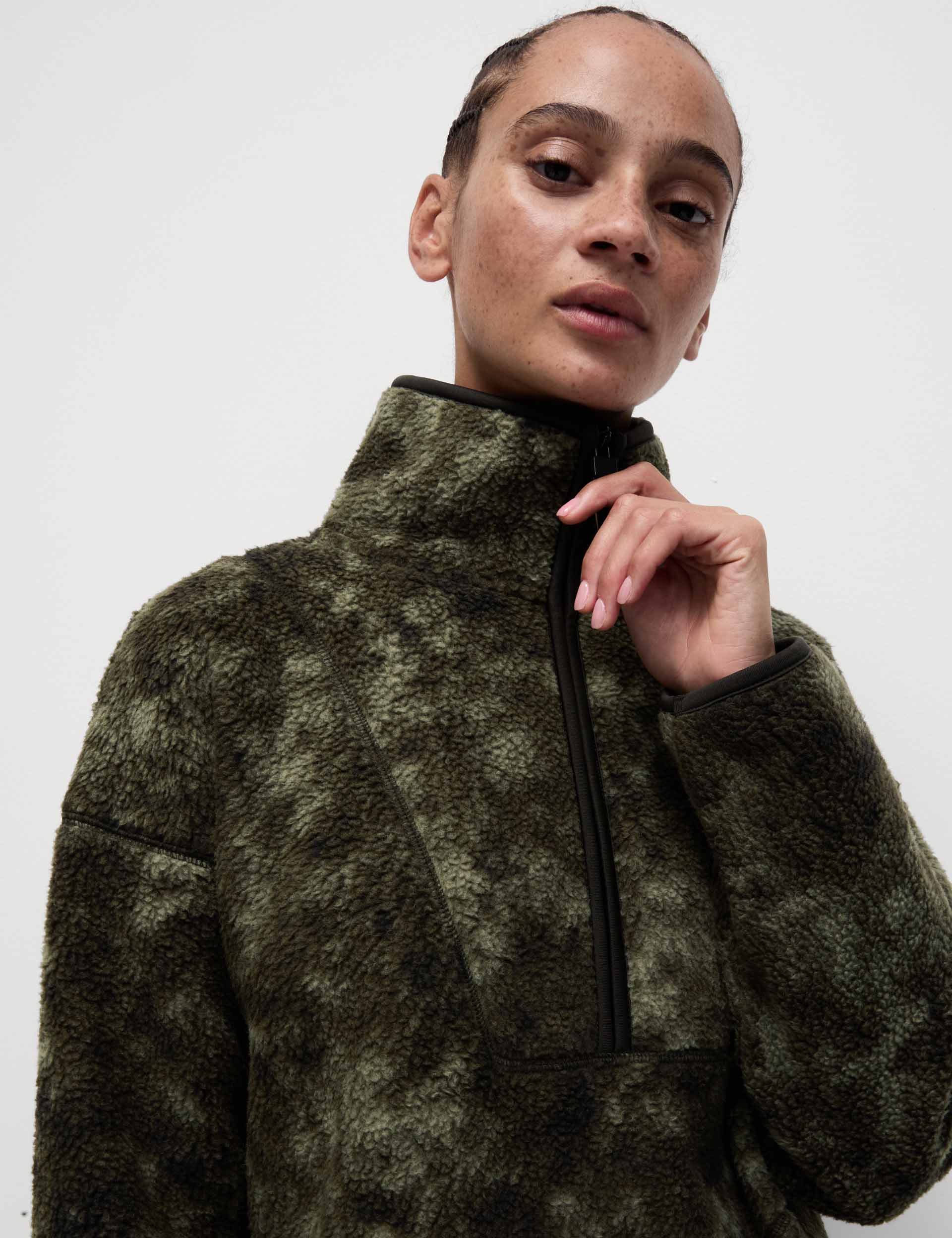 Borg Half Zip Longline Fleece Jacket for Men & Women | Warm Winter Outdoor Pullover | Hiking, Camping & Casual Wear in Khaki Mix