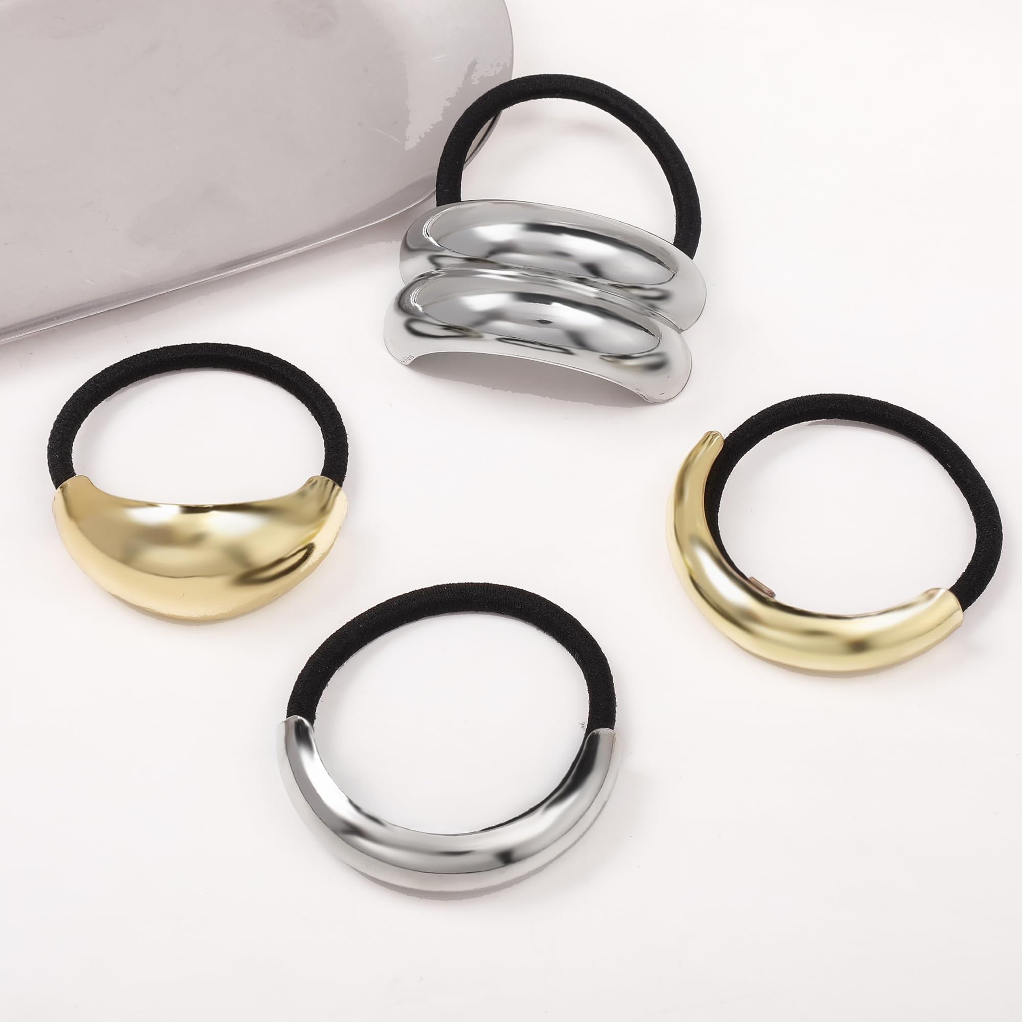 Gold Metal Hair Cuffs & Elastic Hair Ties for Women - Ponytail Holders for Thick & Thin Hair - Perfect for Workouts, Office & Everyday Styling