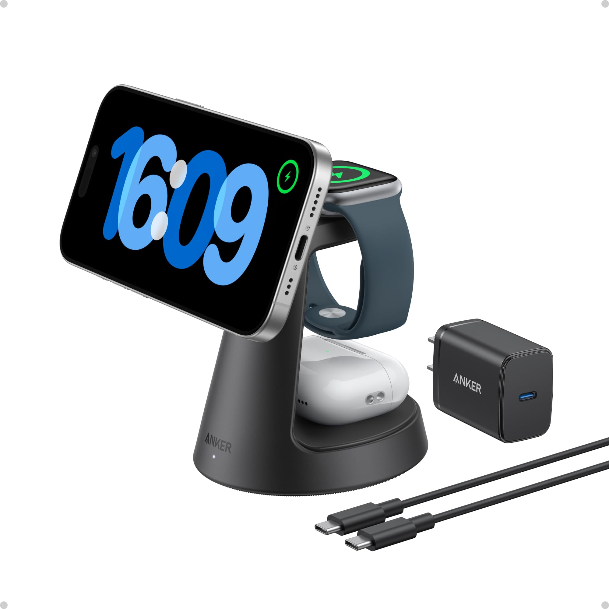 Anker MagGo 3-in-1 Magnetic Wireless Charging Station - Qi2 Certified 15W Fast Charger for iPhone 16/15/14/13/12 Series, Apple Watch & AirPods - Includes Power Adapter | Perfect for Home, Office & Travel Use