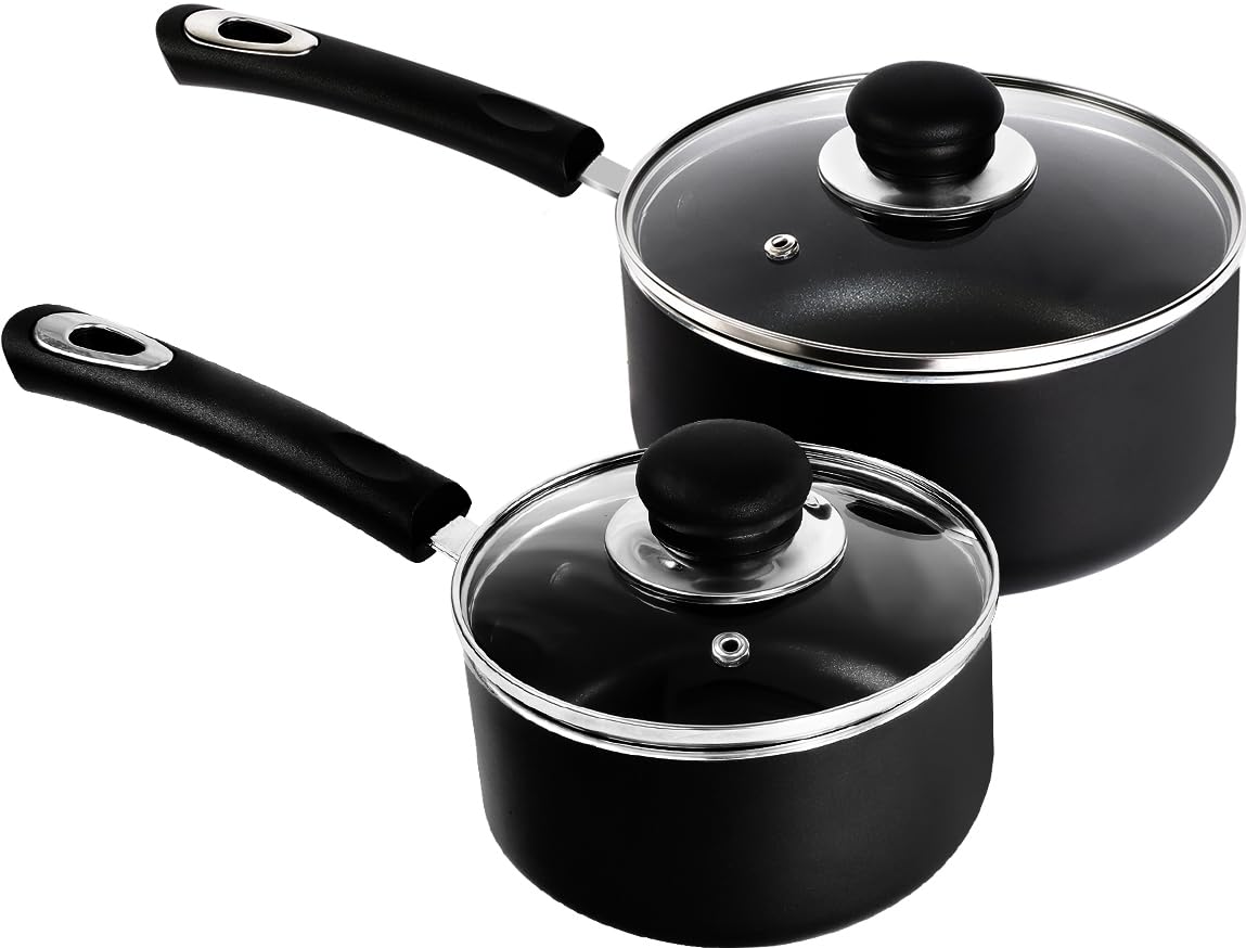 Utopia Kitchen Nonstick Saucepan Set with Lid - 1 Quart & 2 Quart Multipurpose Cookware for Home, Restaurant & Professional Use - Perfect for Boiling, Simmering & Sauce Making (Black)
