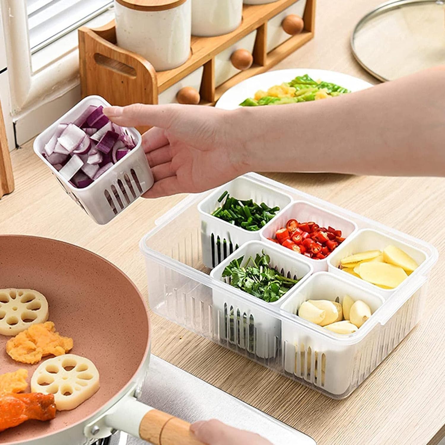 UCRAVO 6-Compartment Divided Veggie Tray - Airtight Snackle Box & Charcuterie Container for Food Storage | Refrigerator Safe Food Prep Containers | Perfect for Meal Prep, Party Platters & Fruit Organization (1 Pack)