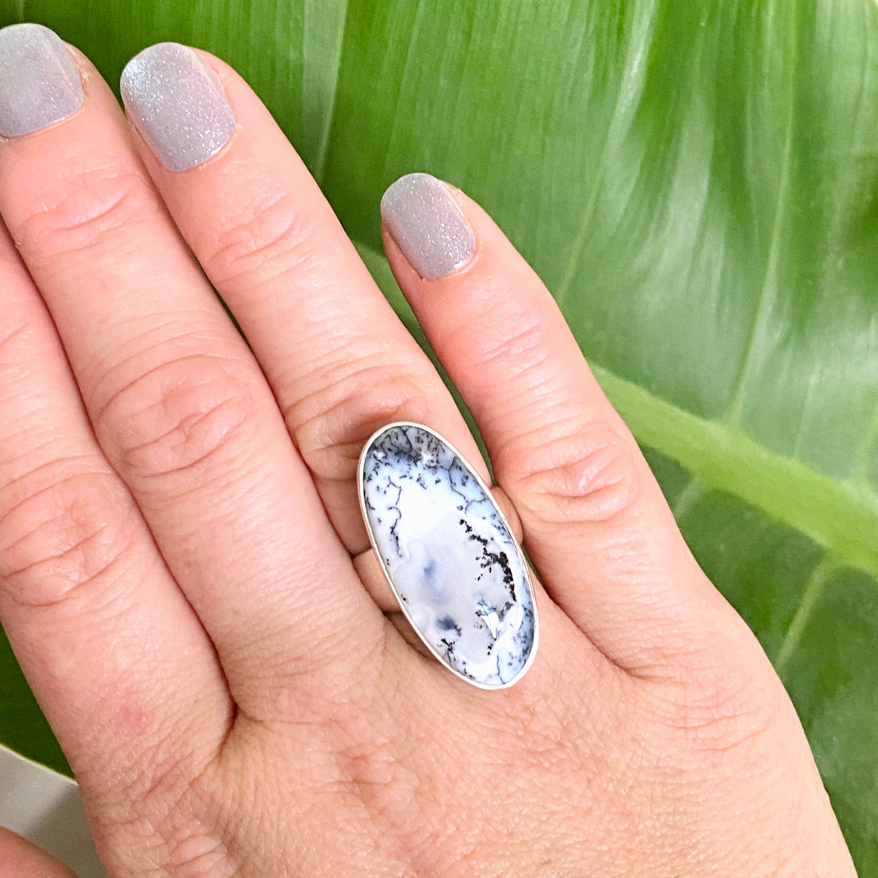 Dendritic Opal Oval Cabochon Ring - Size 7 - KRGJ3311 - Perfect for Boho Jewelry & Nature-Inspired Fashion