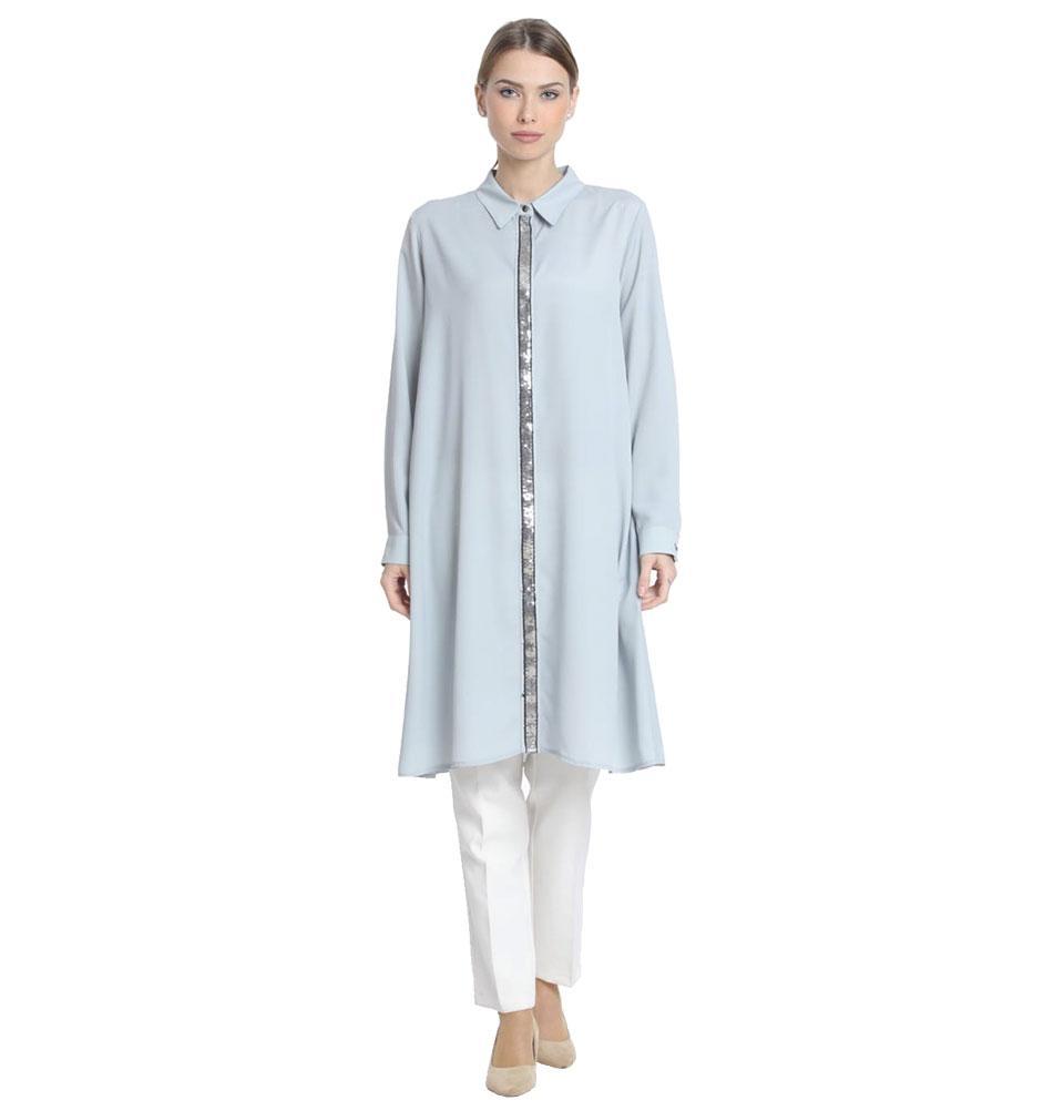 Abaci Modest Sequined Tunic 13190 in Blue Gray | Elegant Women's Blouse for Church, Parties & Special Occasions