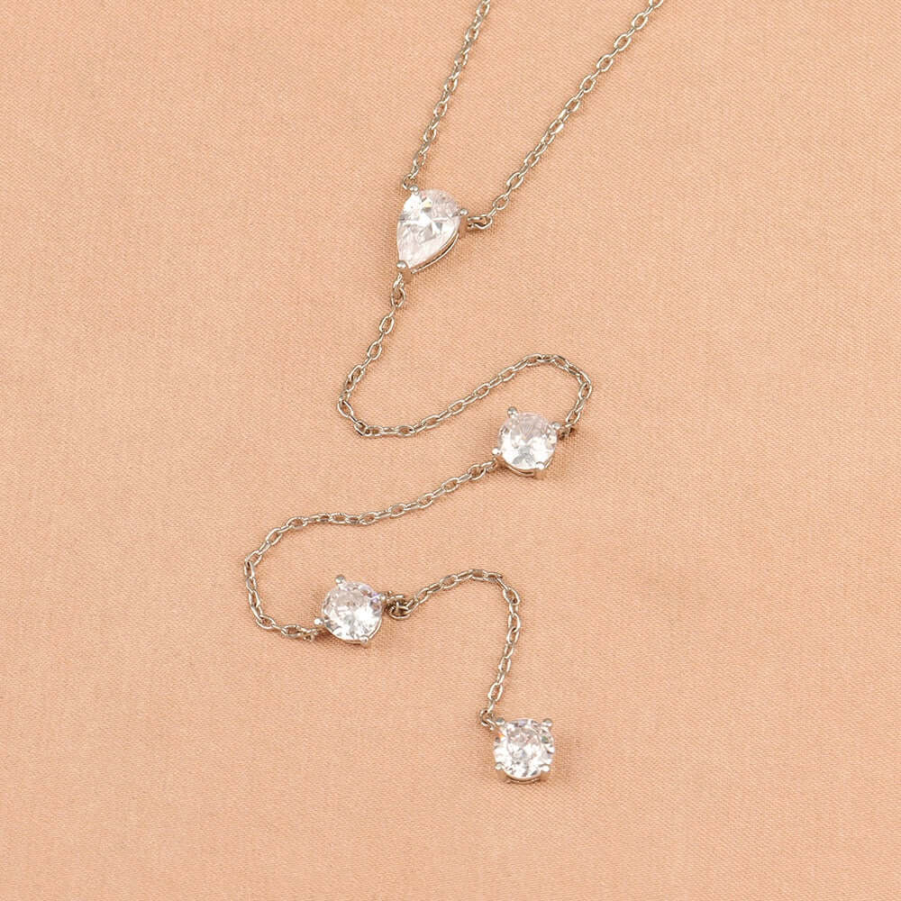 Elegant Teardrop Silver Tassel Lariat Necklace for Women | HN2188 | Perfect for Evening Parties, Weddings & Special Occasions