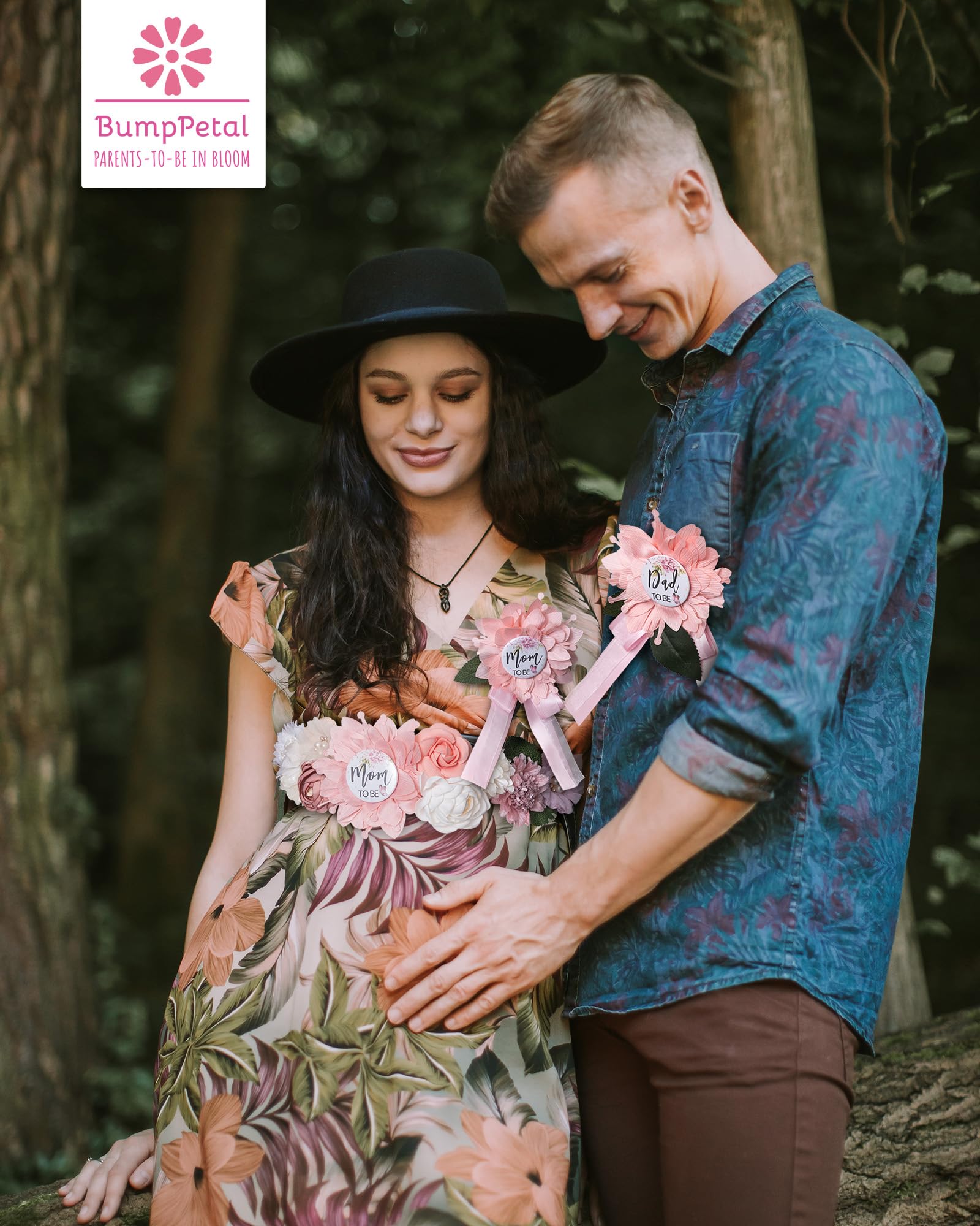 BumpPetal Flower Sash Set for Baby Showers - Mom to Be & Dad to Be Corsage Pins, Pink Floral Belt for Maternity Dresses - Perfect for Pregnancy Photos, Gender Reveal Parties & Maternity Events