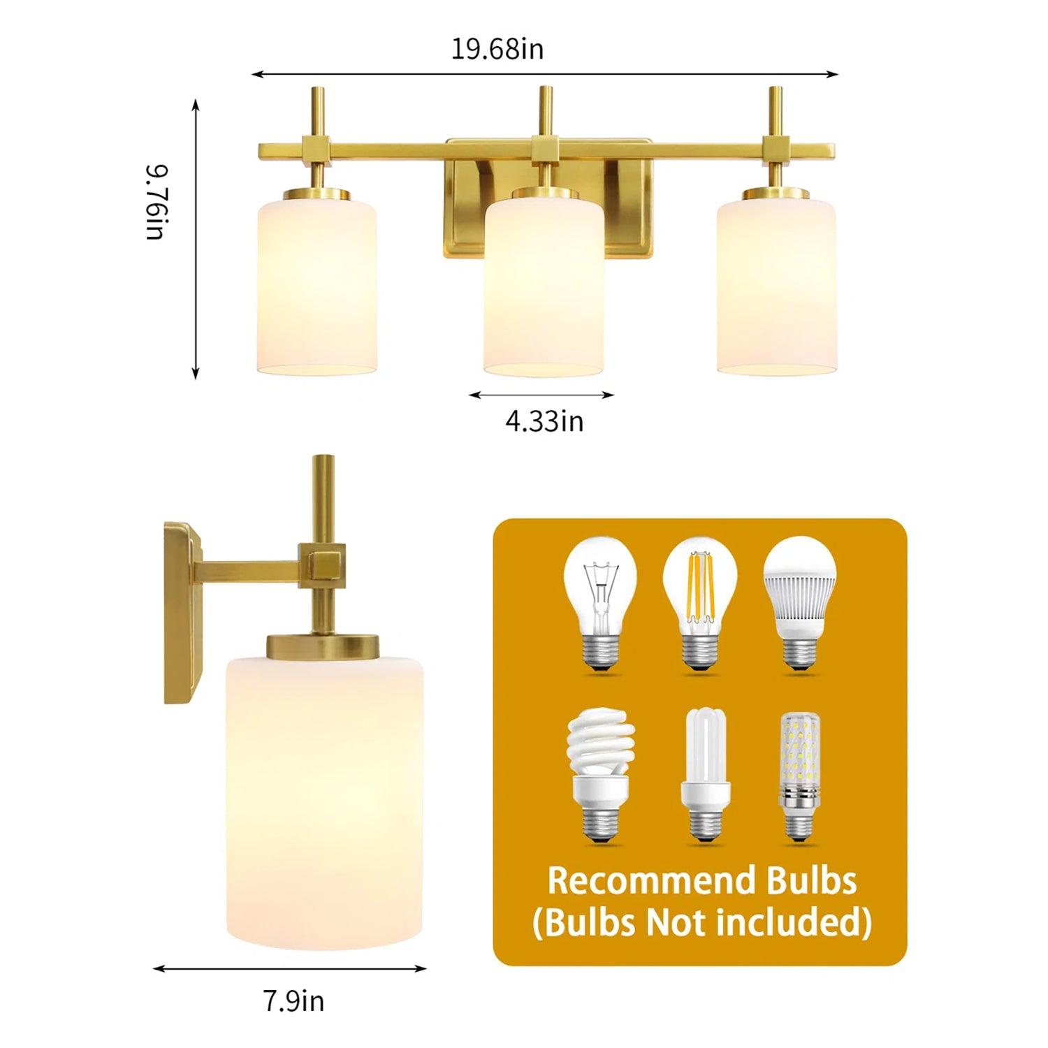 Jasper Gold Modern Frosted Glass 3-Light Bathroom Vanity Light Fixture - Perfect for Bathroom, Powder Room, and Dressing Area Lighting