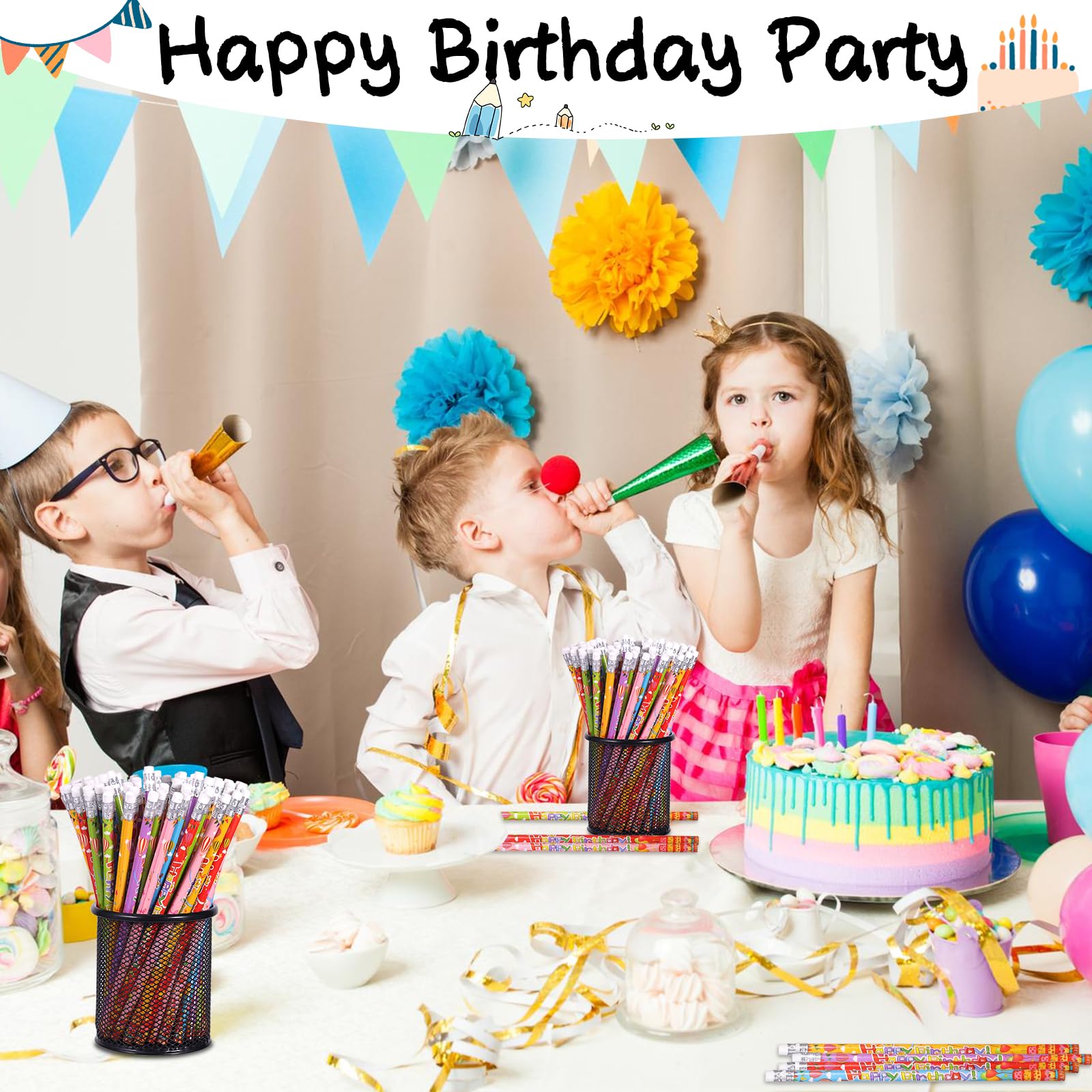 Happy Birthday Pencils - 24 Pack Wooden Pencils with Erasers for Birthday Party Favors, School Supplies & Gifts (6 Styles) - Perfect for Classroom Rewards, Party Giveaways & Celebration Decorations