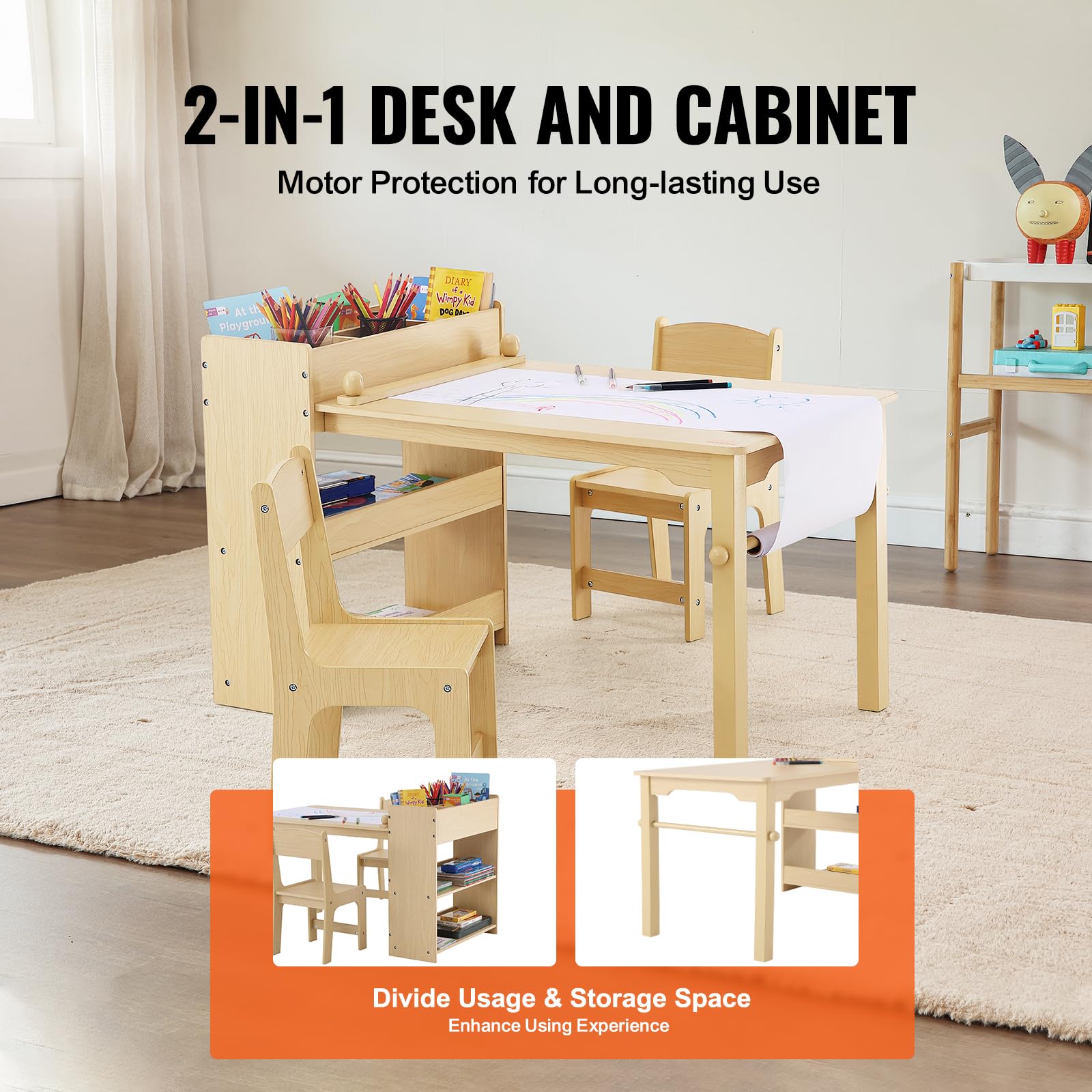 VEVOR Kids Art Table and 2 Chairs Set - 2-in-1 Wooden Toddler Activity Table for Crafts, Drawing, Learning & Play with Storage Cabinet - Perfect for Preschool, Homeschool & Playroom Activities