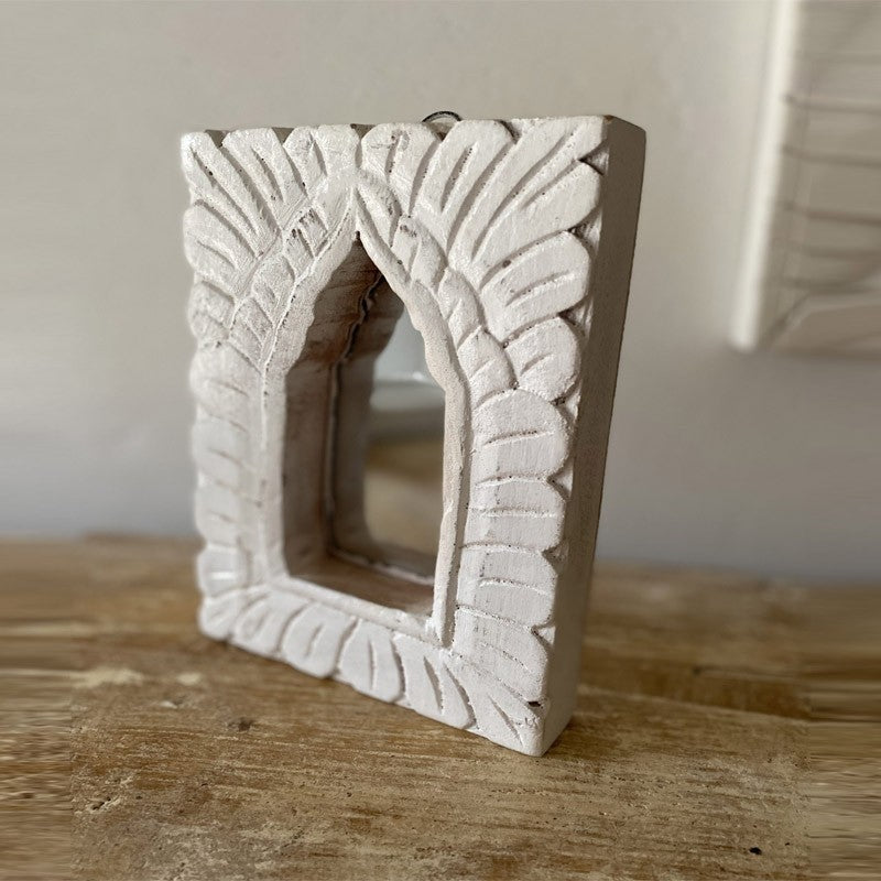 Hand Carved Indian Solid Wood Temple Mirror - Whitewash Finish - 23cm - Boho Wall Decor for Living Room, Bedroom & Meditation Space