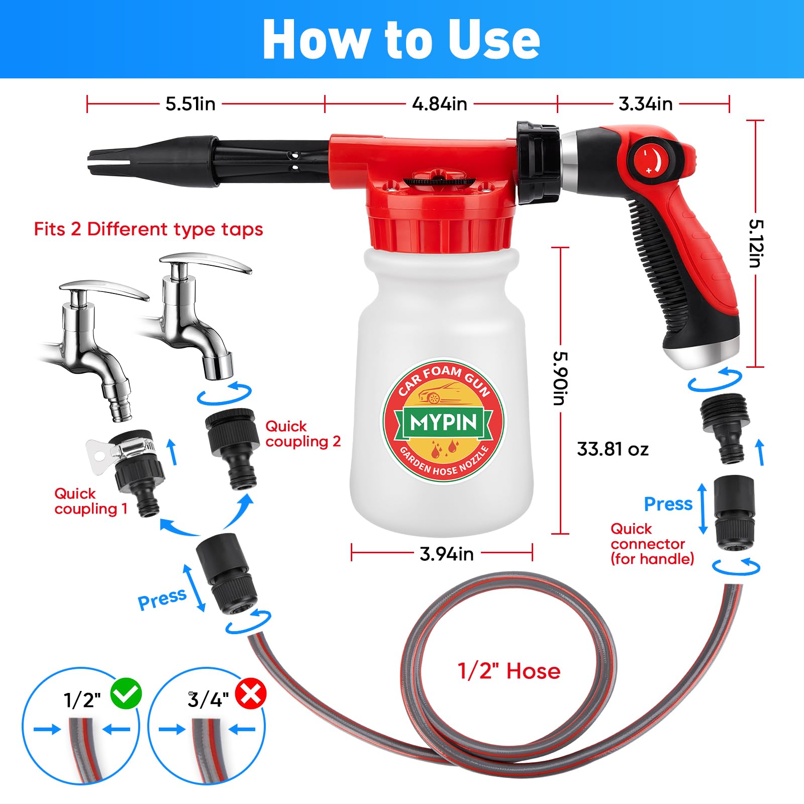 Premium Car Wash Foam Gun Kit - 22pc Foam Cannon with Adjustable 2.5-6 Ratio Dial, 1L Bottle, Nozzles & Wash Mitt - 1/2