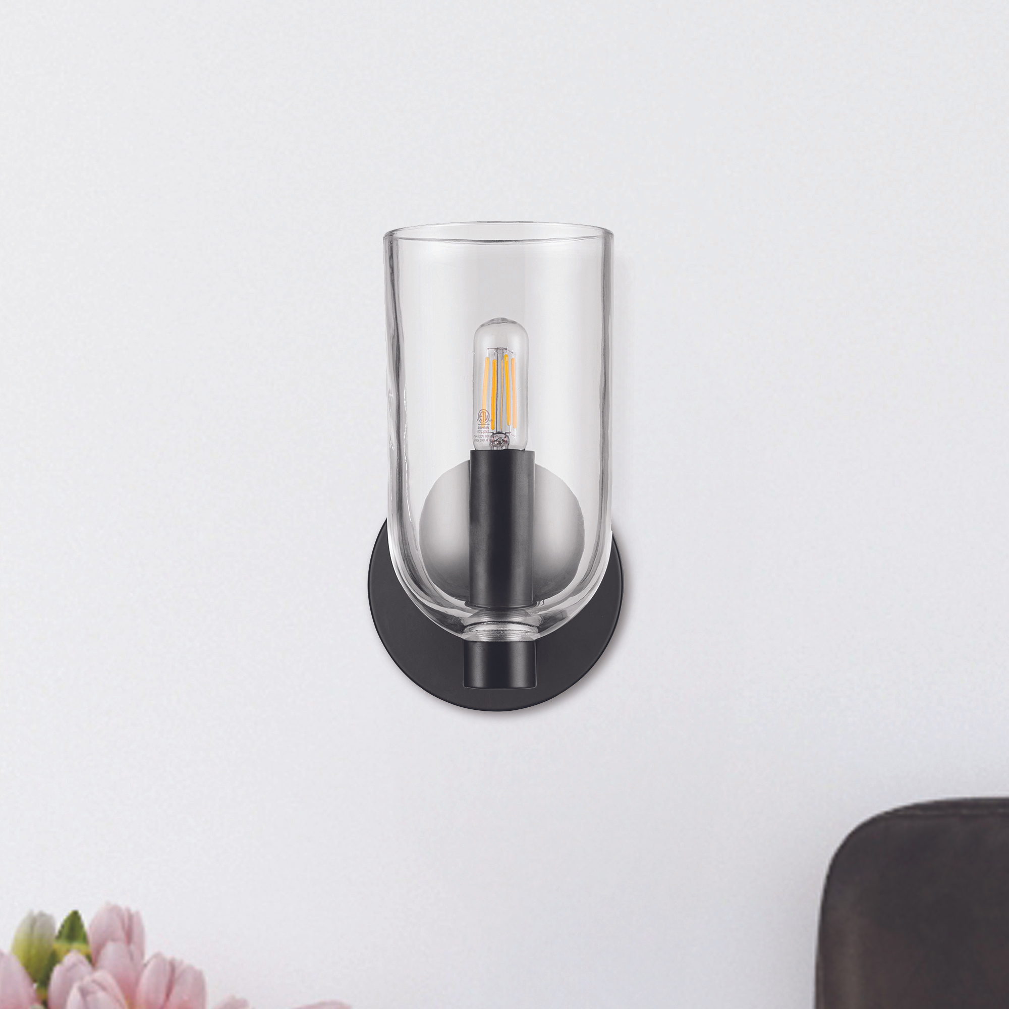 1 Light Hansley Wall Sconce - Matte Black with Clear Glass Shade for Bedroom, Living Room, or Hallway Lighting