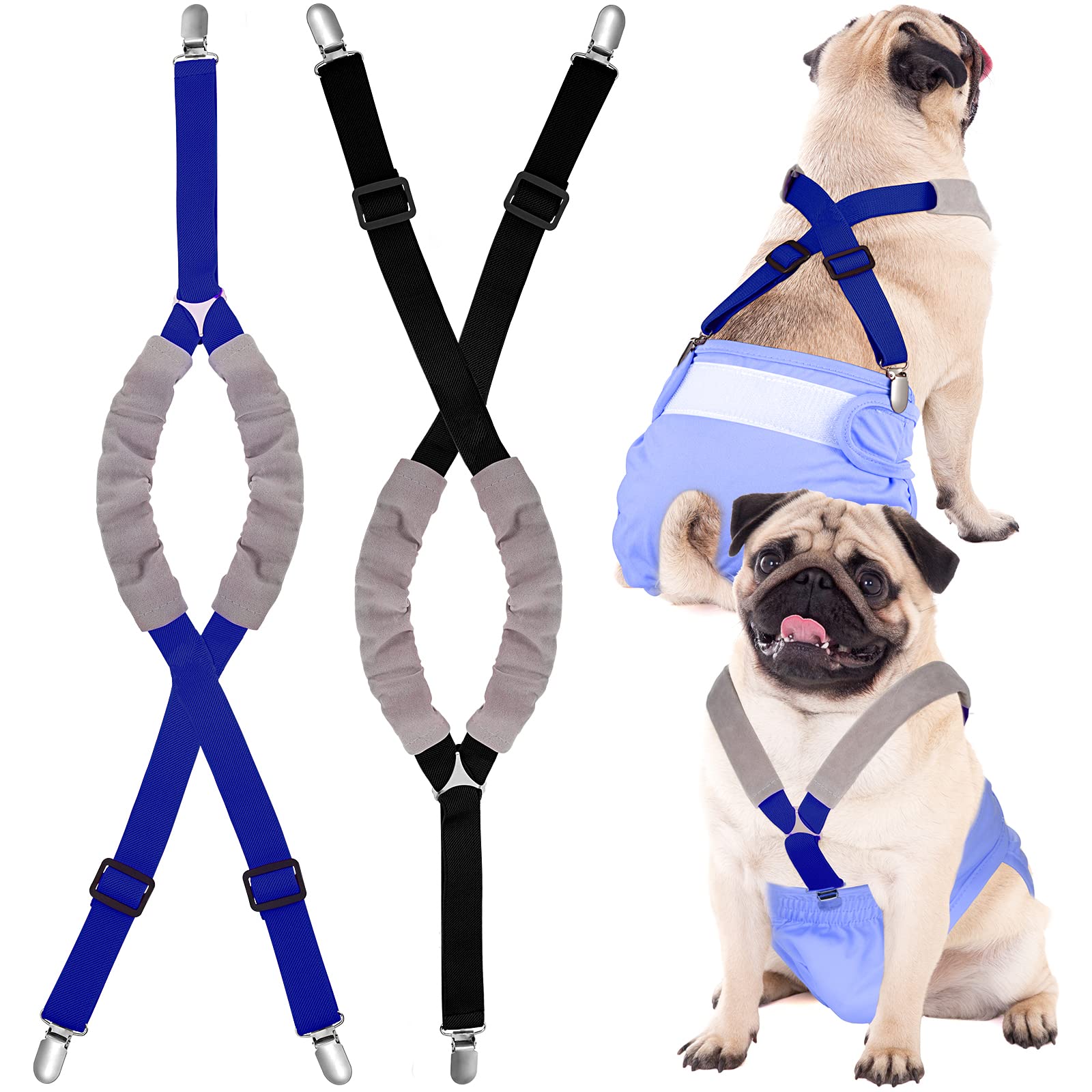 Saintrygo 2 Pack Adjustable Dog Suspenders for Diapers - Belly Bands Harness to Keep Diapers Secure for Small, Medium & Large Dogs (Black, Blue, Small) - Perfect for Incontinence, Training & Travel