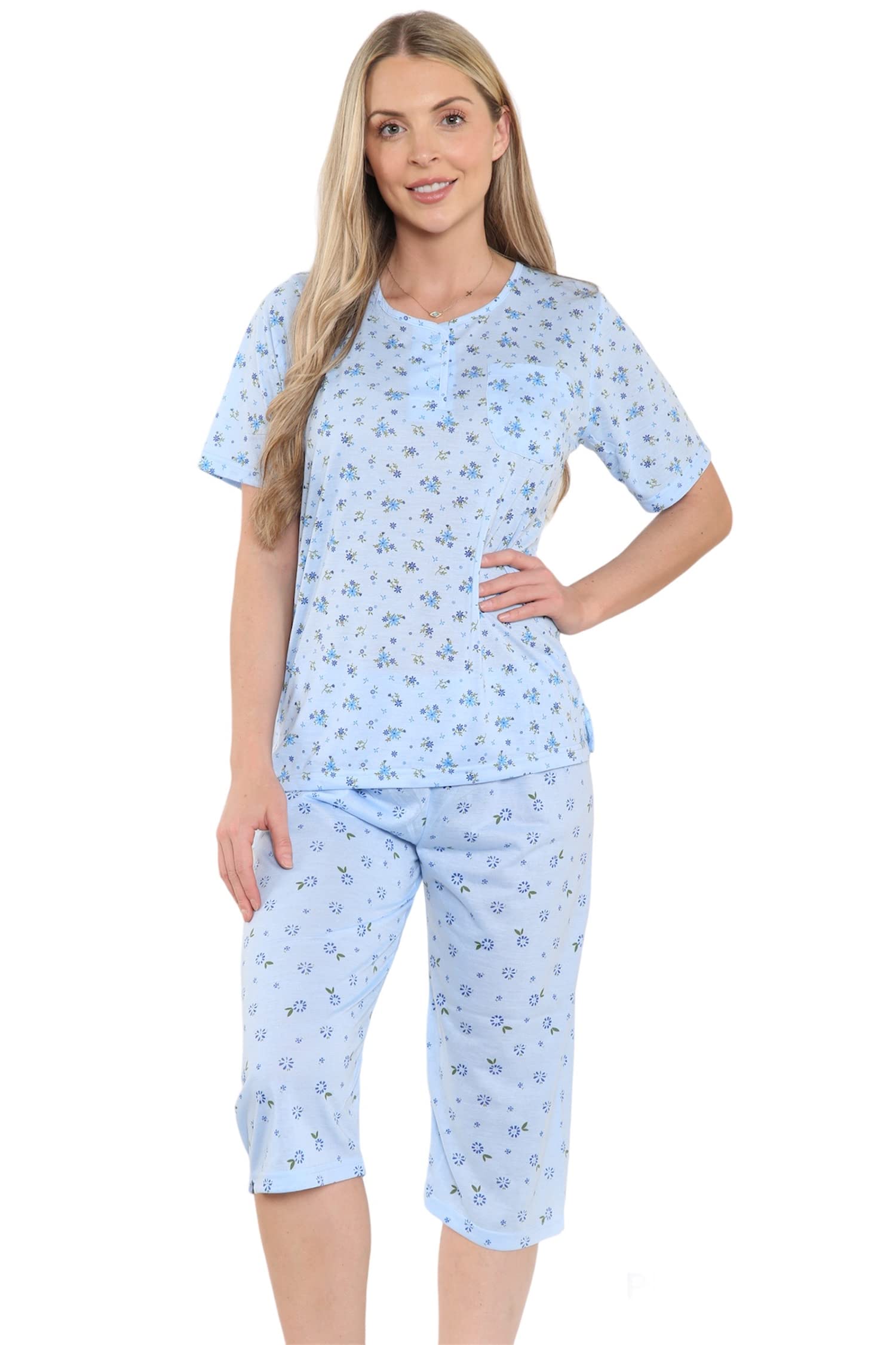 **Coombb® Women's Cotton Blend Pajama Set - Short Sleeve Top & Cropped Pants for Lounge & Sleep | Soft Casual Sleepwear for Home & Travel**