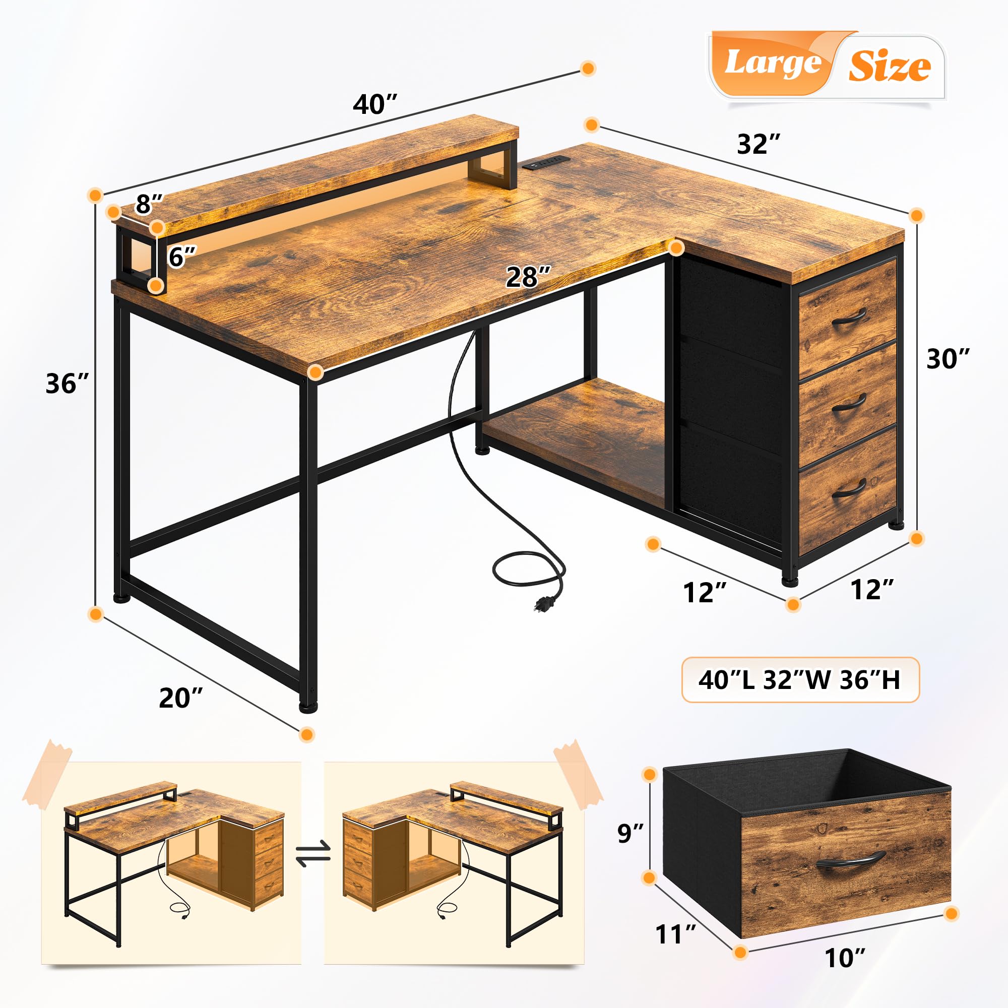 EnHomee 40 Inch L-Shaped Gaming Desk with LED Lights & Power Outlet, Reversible Corner Computer Desk with Drawers & Monitor Stand - Perfect for Gaming Setup, Home Office, or Bedroom (Rustic Brown)