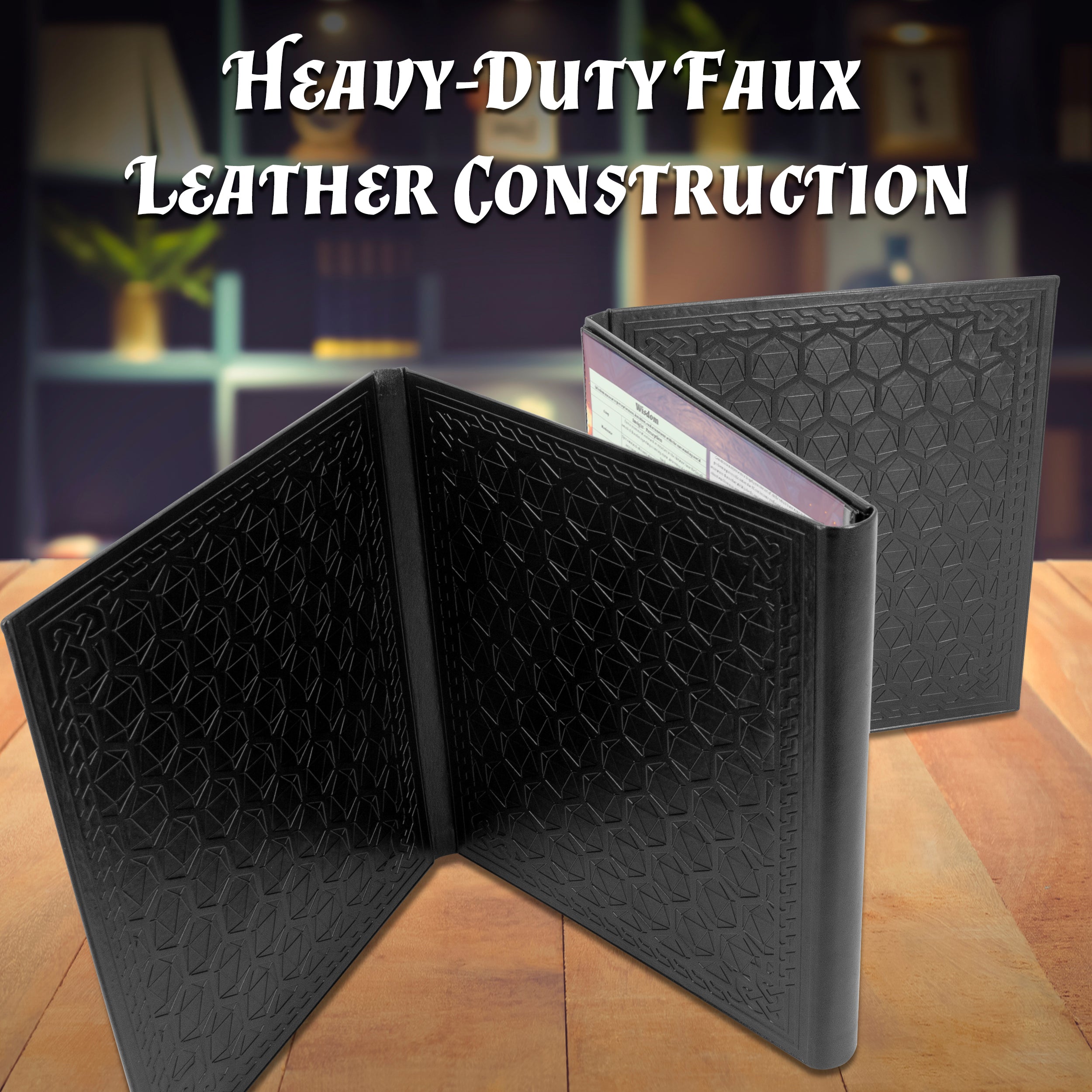 Faux Leather 4-Panel DM Screen with Wet Erase Pockets - Embossed Folding Game Master Screen for Dungeons & Dragons RPG - Black/Brown (Inserts Not Included) - Perfect for Tabletop Gaming Sessions & RPG Campaigns