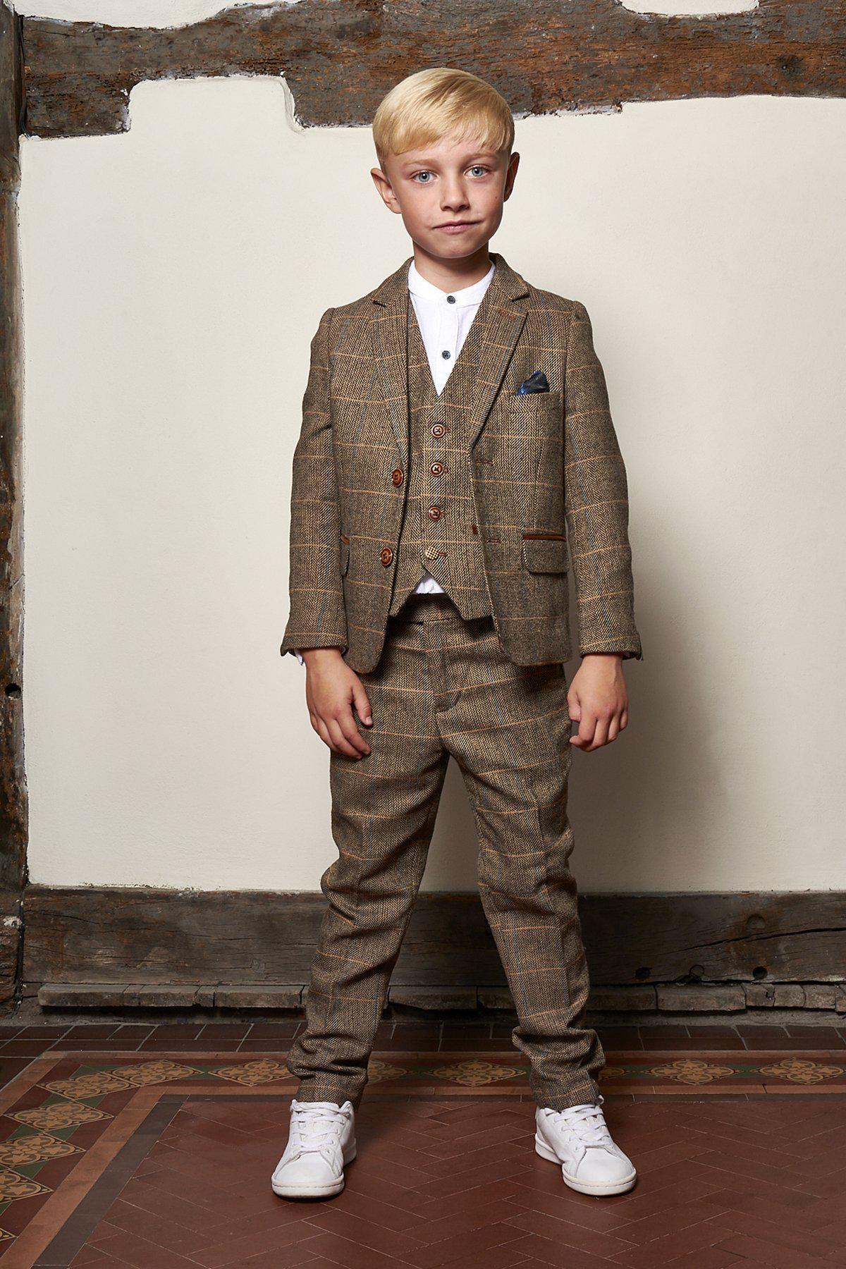 Stylish Men's TED Tan Tweed Check Three-Piece Suit Set - Perfect for Father & Son Matching Outfits, Weddings, and Formal Events