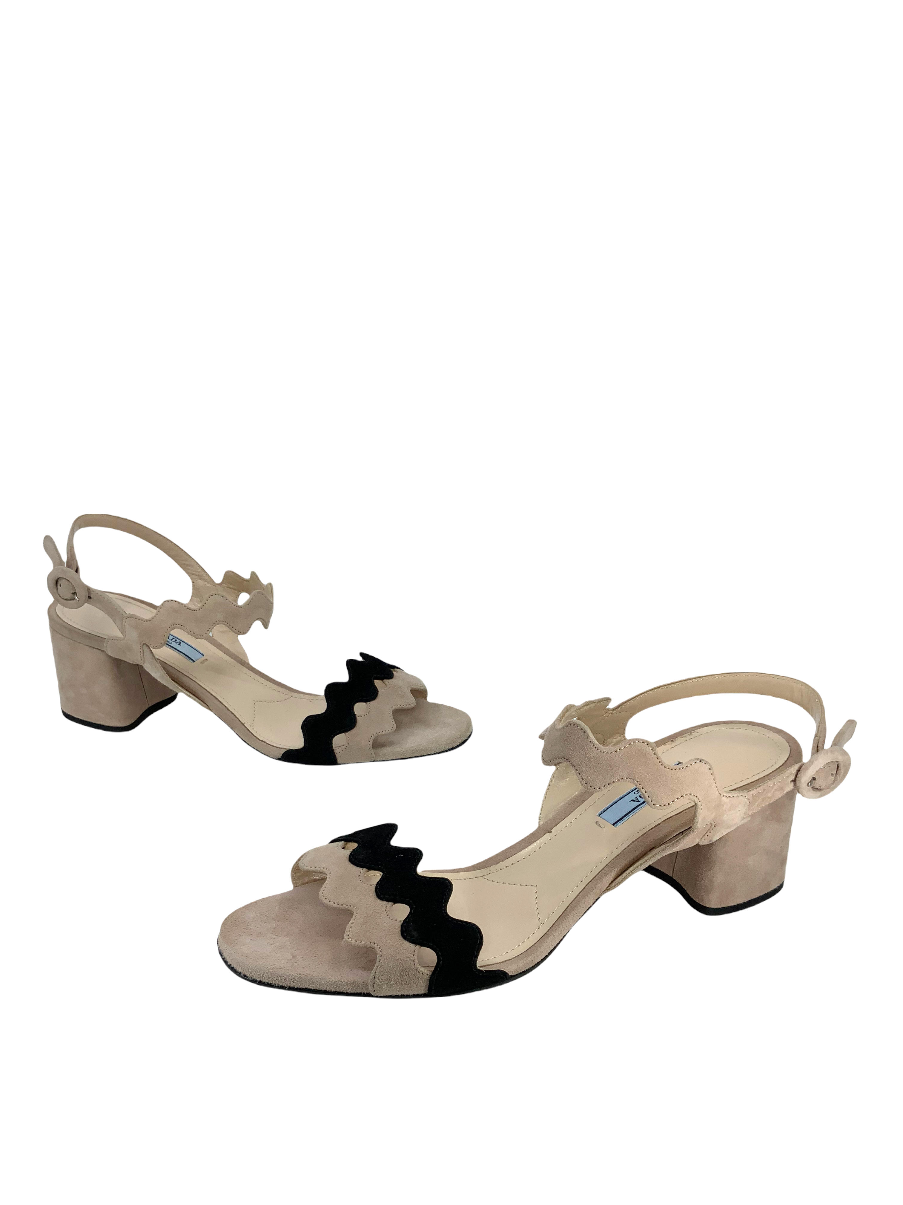 Prada Scalloped Suede Block Heel Sandals Women's Size 9 | Luxury Designer Shoes for Weddings, Parties & Special Occasions